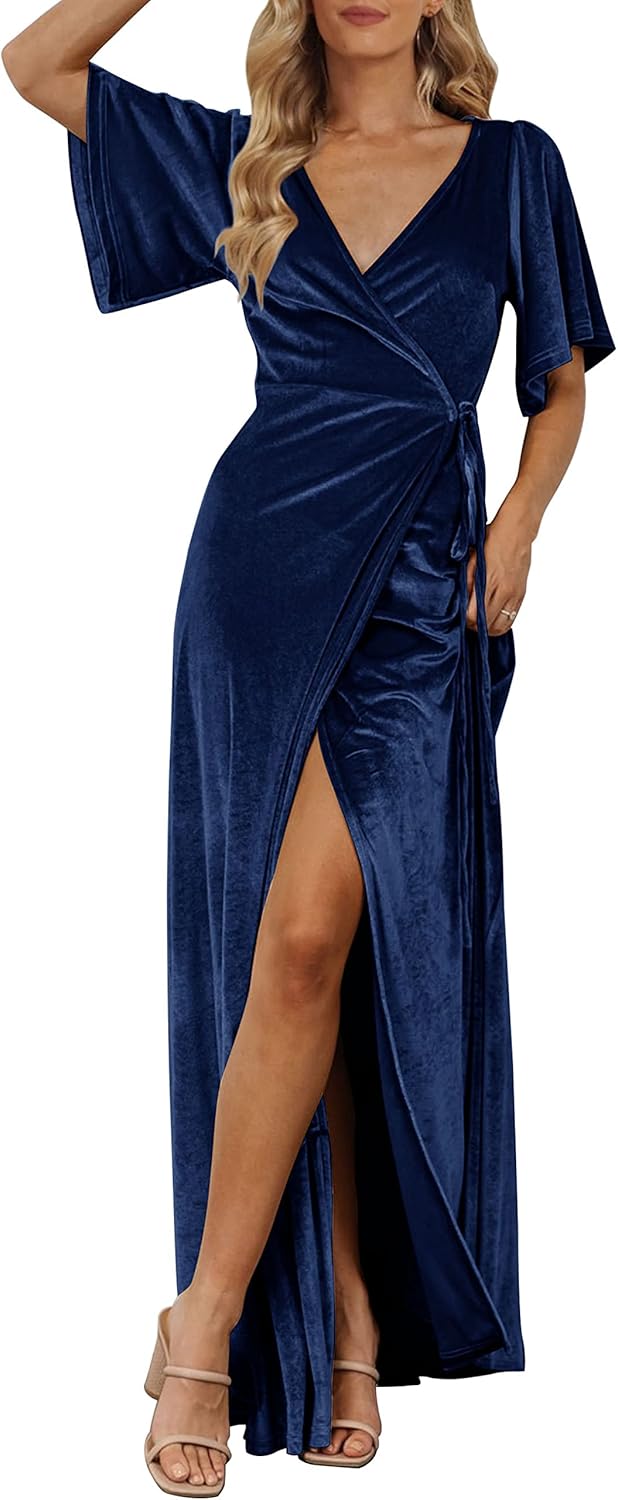 MEROKEETY Women's V Neck Wrap Velvet Maxi Dress Bell Sleeve Split Bridesmaid Coc...