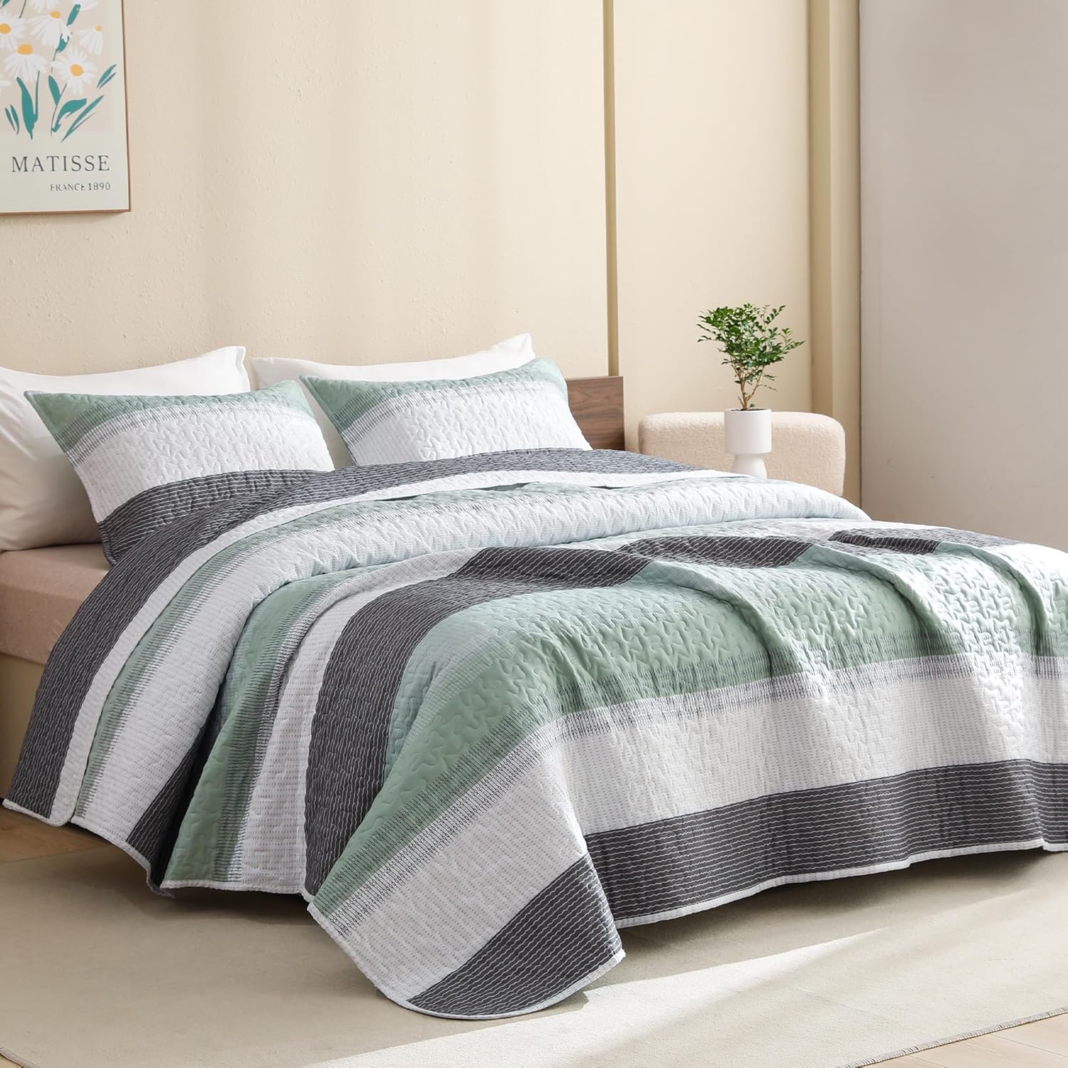 Litanika Oversized King Quilt Set Sage Green, 128x120 Stripe Bedspread Coverlet...