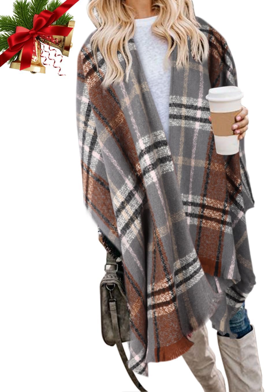 Bestshe Women's Boho Open Front Poncho Knitted Plaid Shawl Wrap Cape Tassel Card...