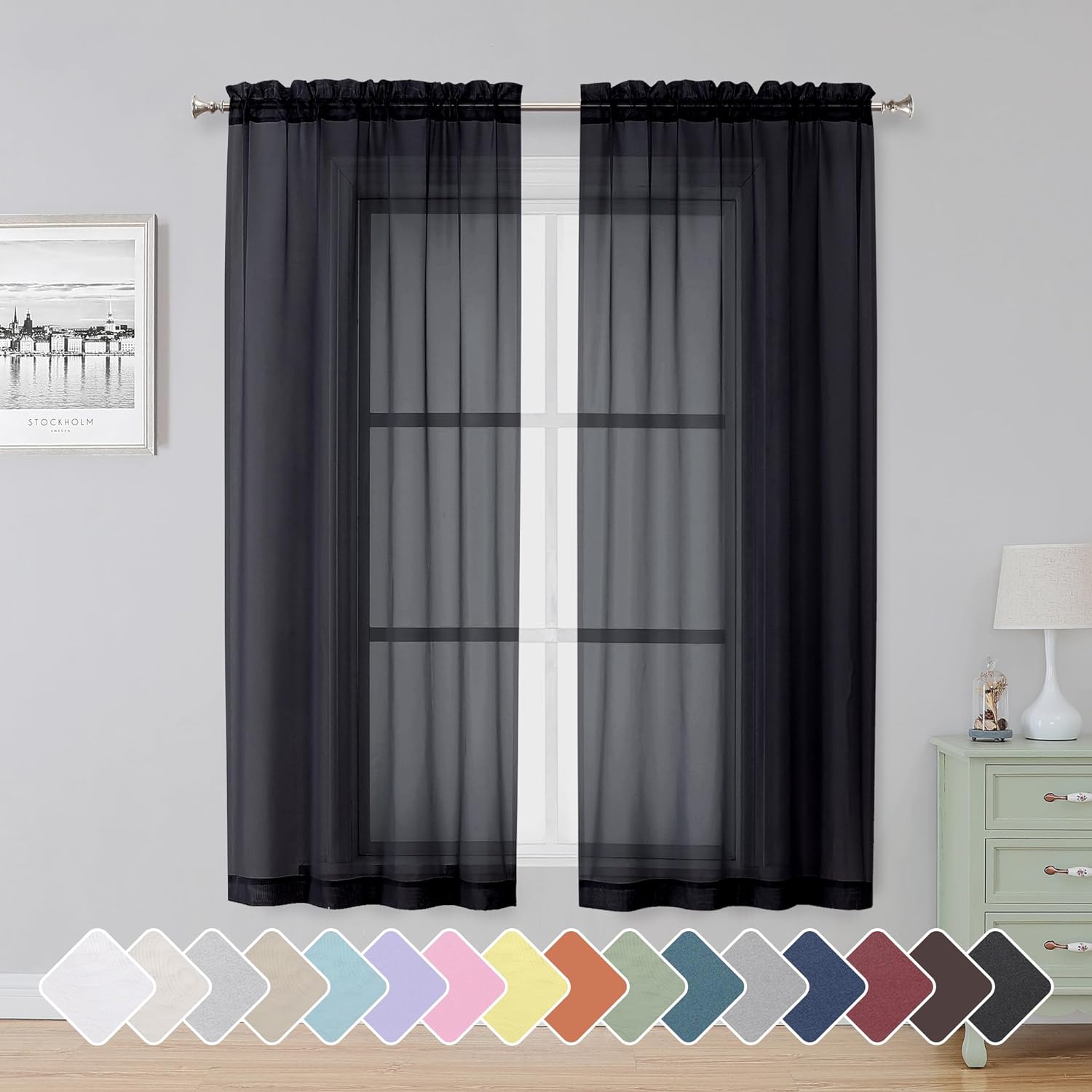 Simplebrand Black Sheer Curtains 63 Inch Length 2 Panels, Rod Pocket Solid Color...
