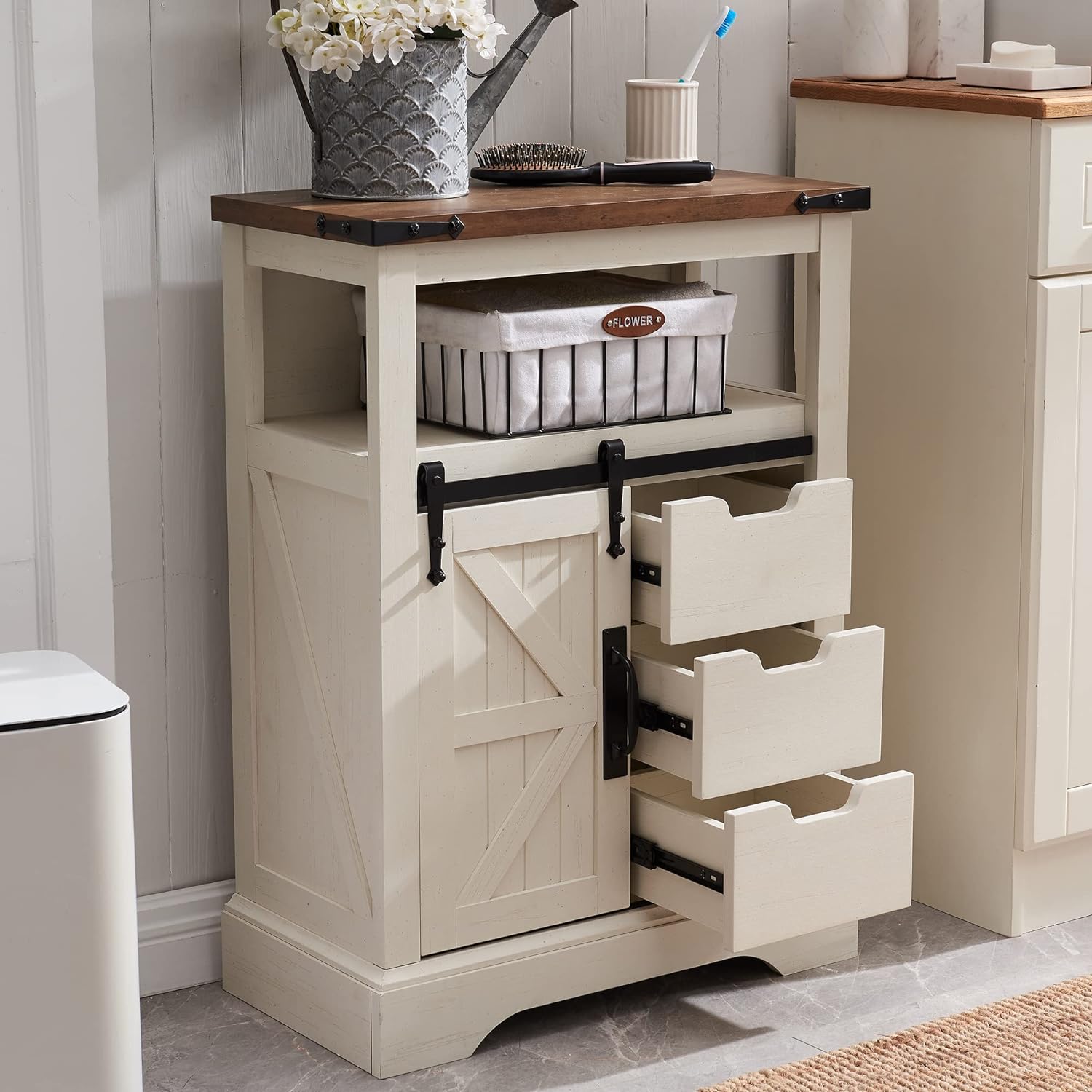 OKD Bathroom Floor Cabinet, Farmhouse Storage Cabinet with Sliding Barn Door & S...