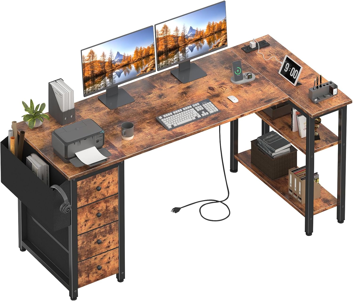 Lufeiya L Shaped Computer Desk with Drawers & Storage Shelves, 63 Inch Corner De...