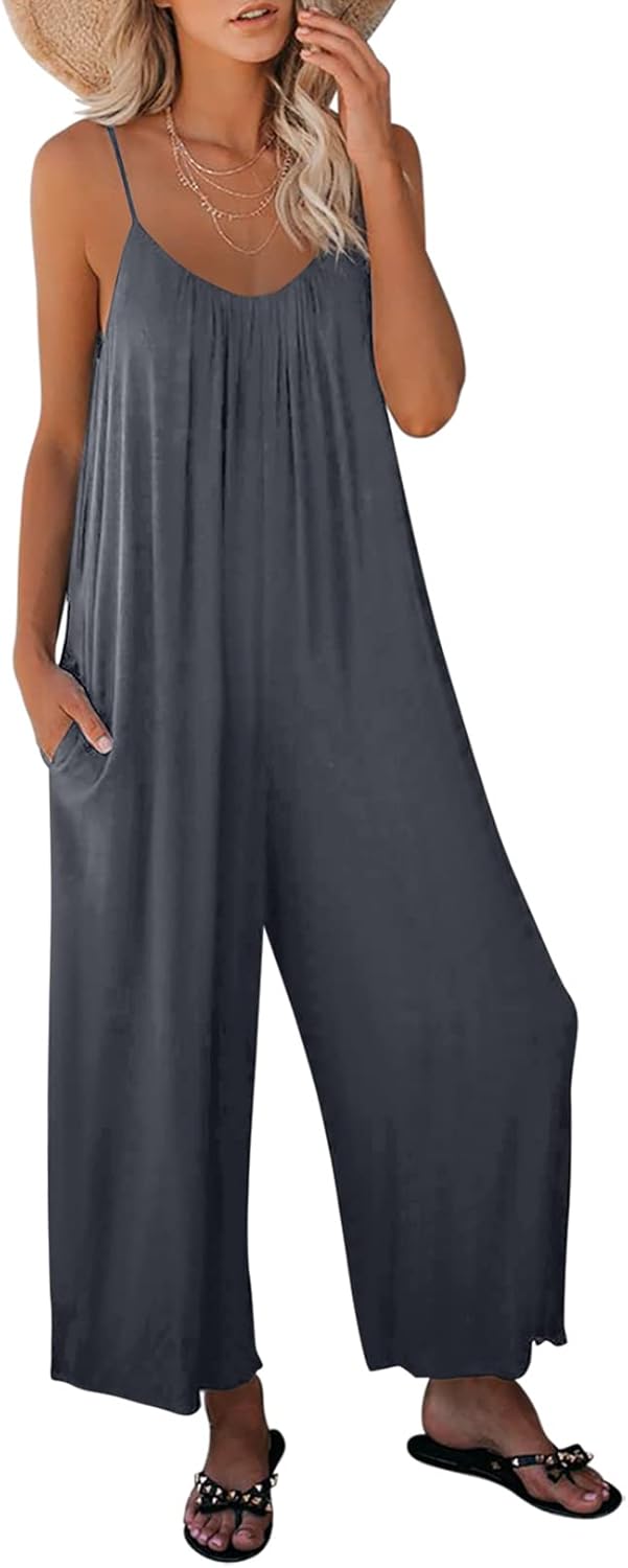 Dokotoo Women's Loose Sleeveless Jumpsuits Adjustable Spaghetti Strap Stretchy L...