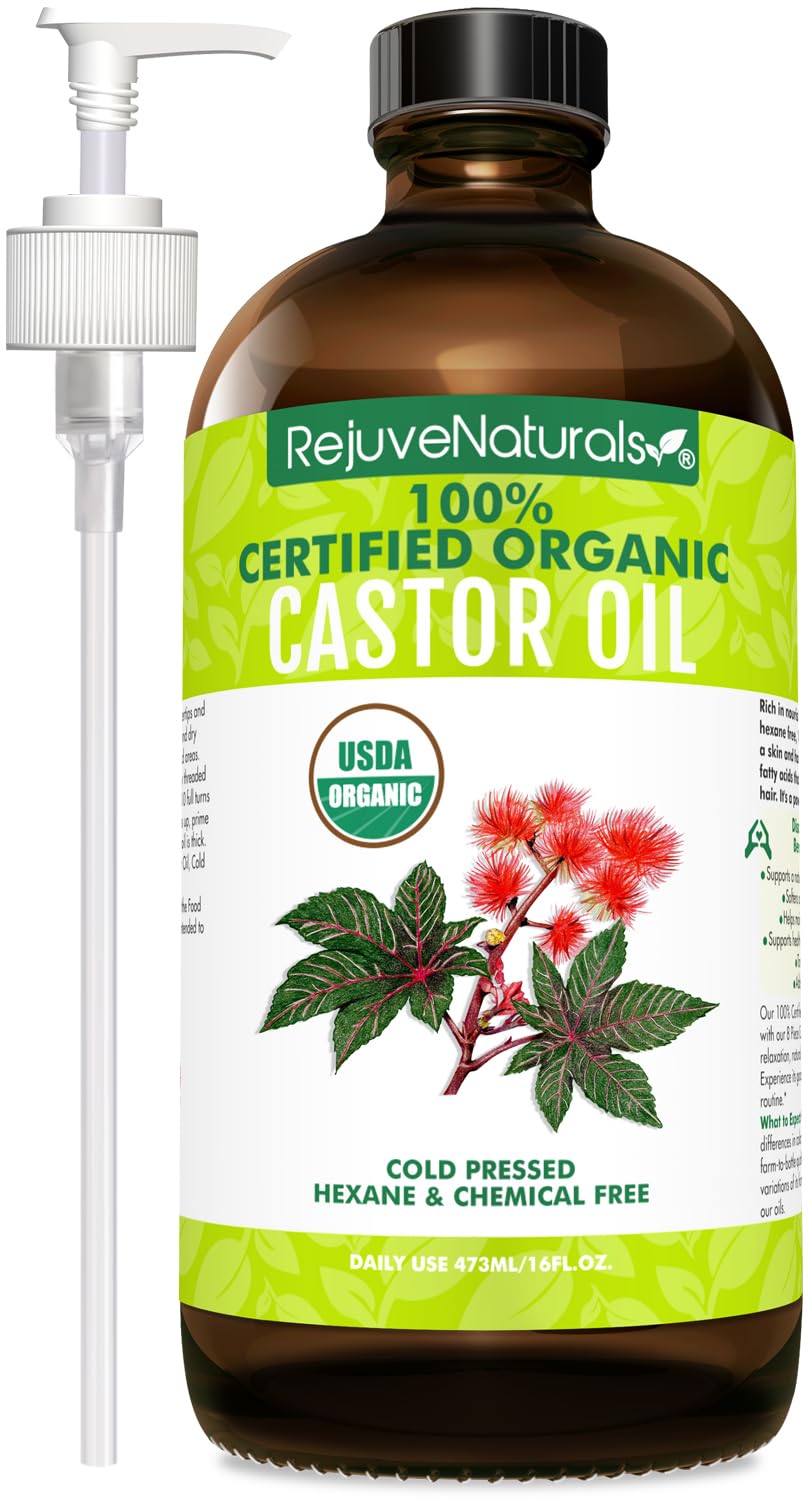 RejuveNaturals Castor Oil (16oz Glass Bottle) USDA Certified Organic, 100% Pure,...