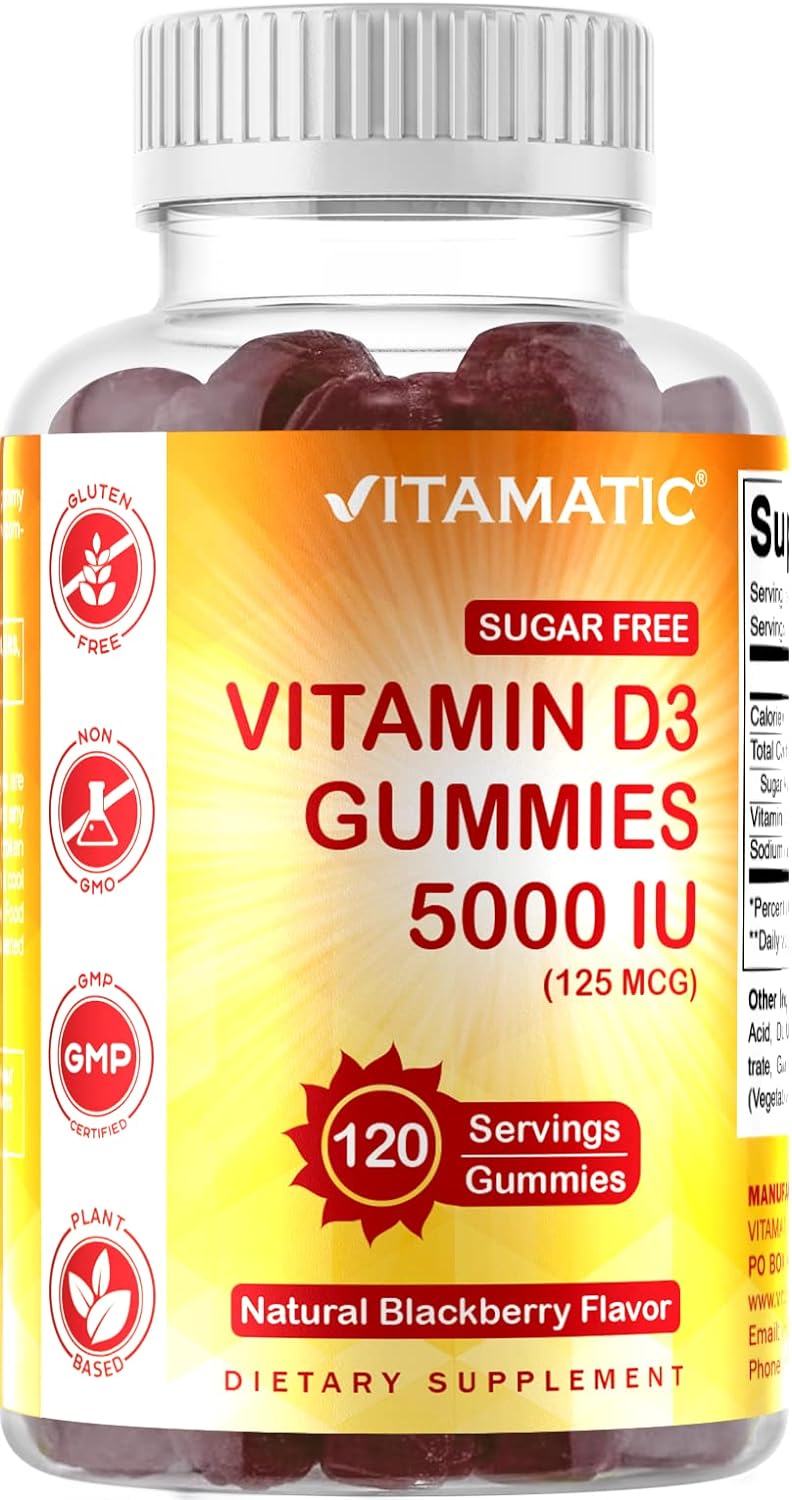 Vitamatic Sugar Free Vitamin D3 5000 IU - 120 Gummies - Great Taste - Healthy Bo...