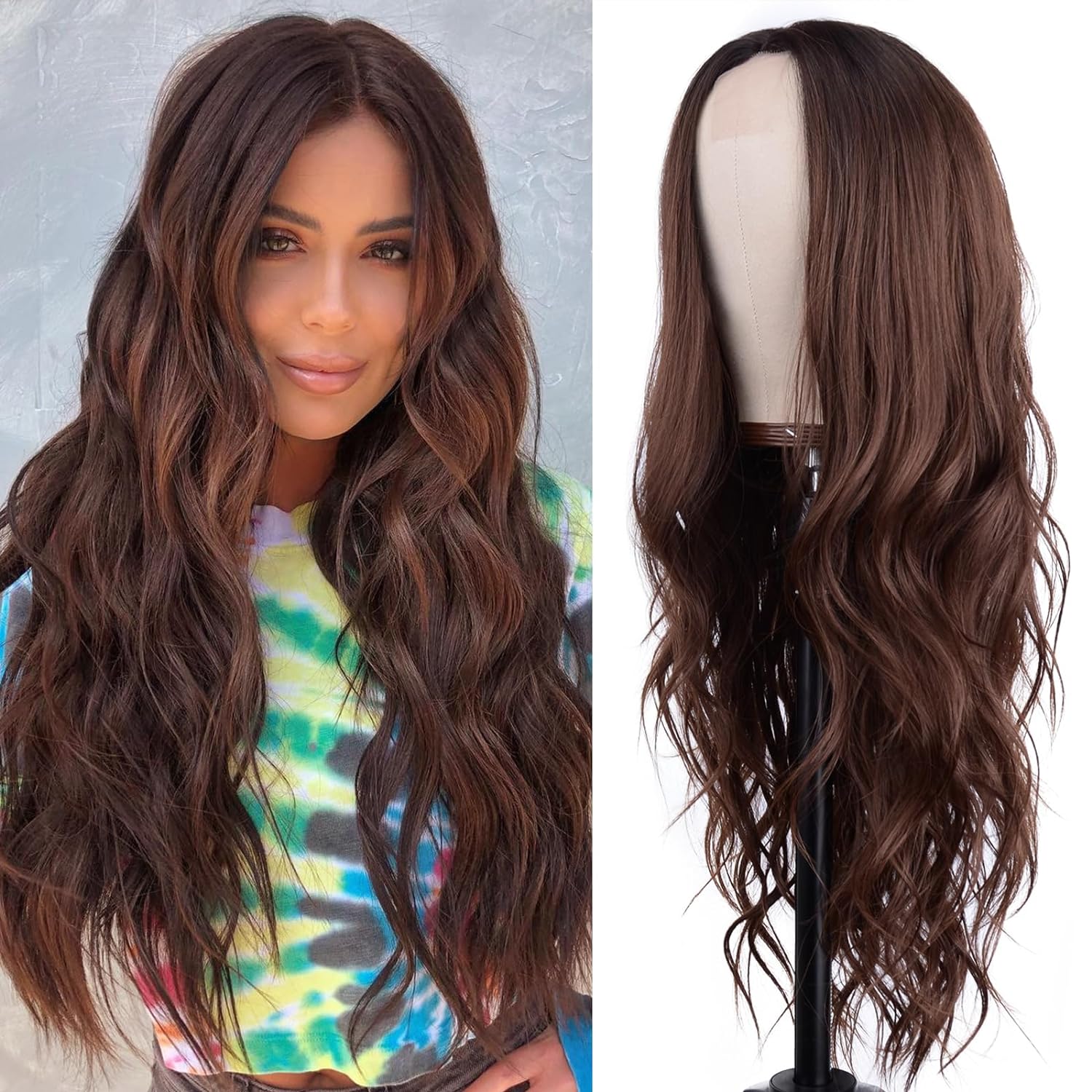 Brown Long Wave Wig for Women -26inch Middle Part Long Curly Wig Heat Resistant...