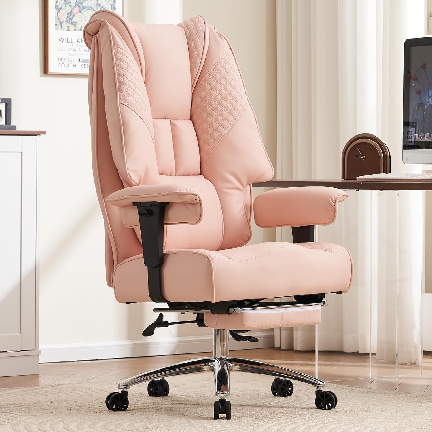 Big and Tall Office Chair 400lbs Wide Seat, Leather High Back Executive Office C...
