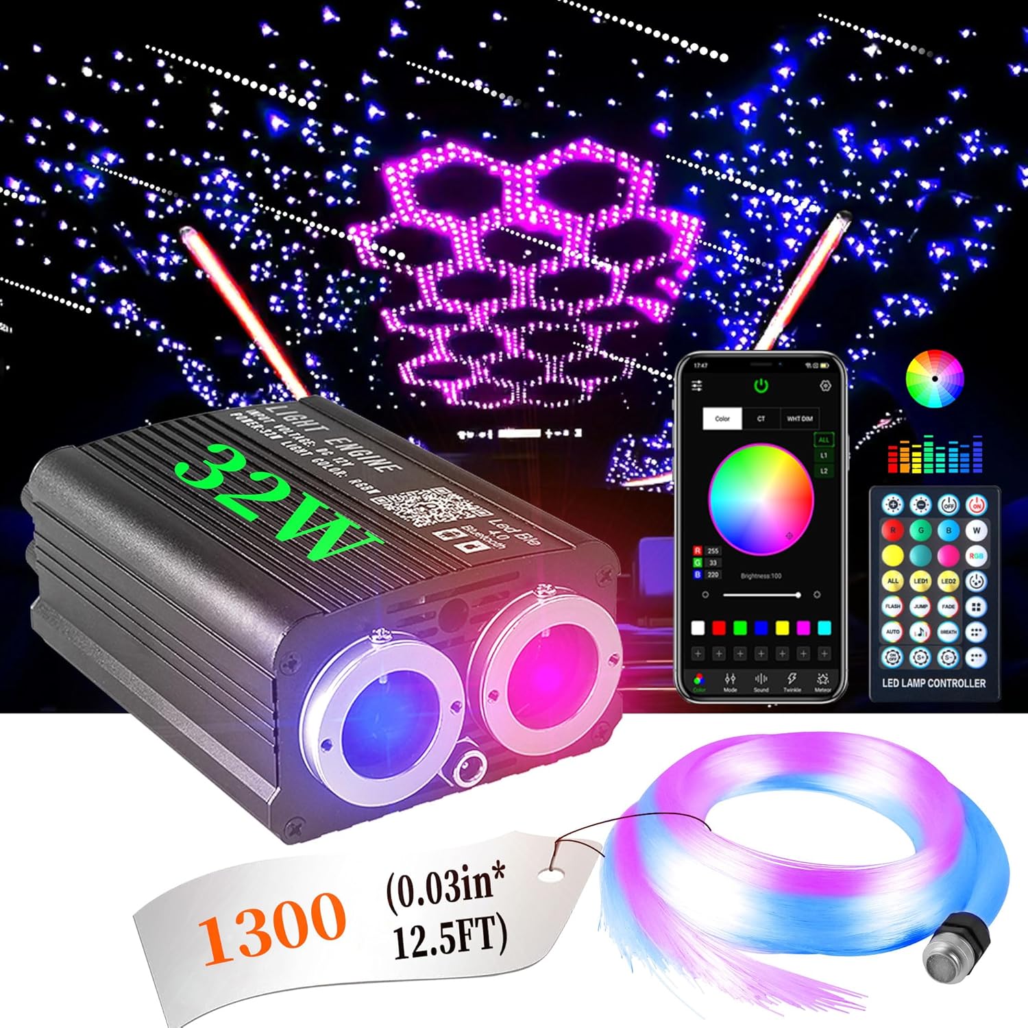 Starlight Headliner Kit Dual Color 1300pc Shooting Star Lights for Car 32W Twink...