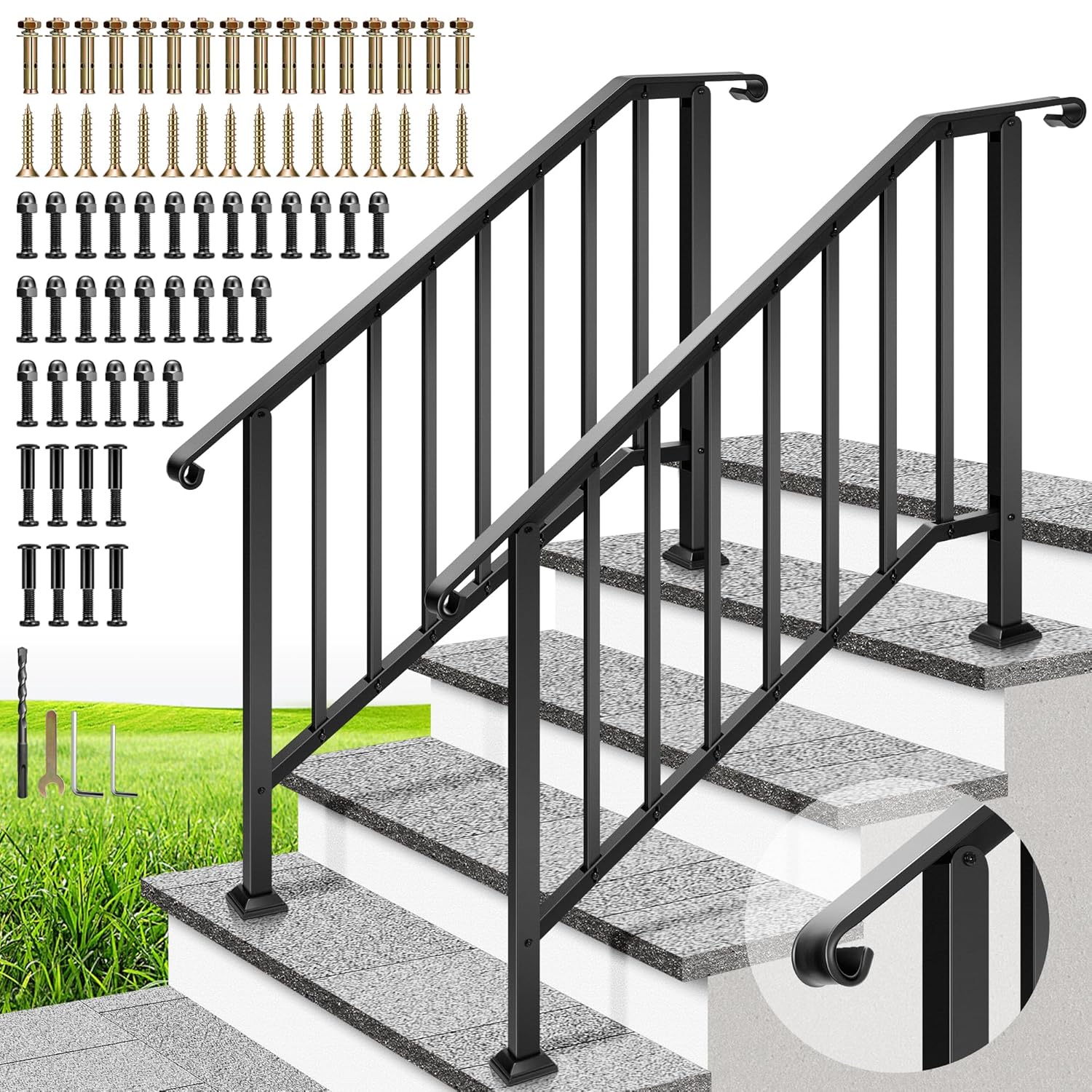 VIVOHOME 2-Pack Wrought Iron Hand Rails for Outdoor Steps – 40.6" Curved Ends an...