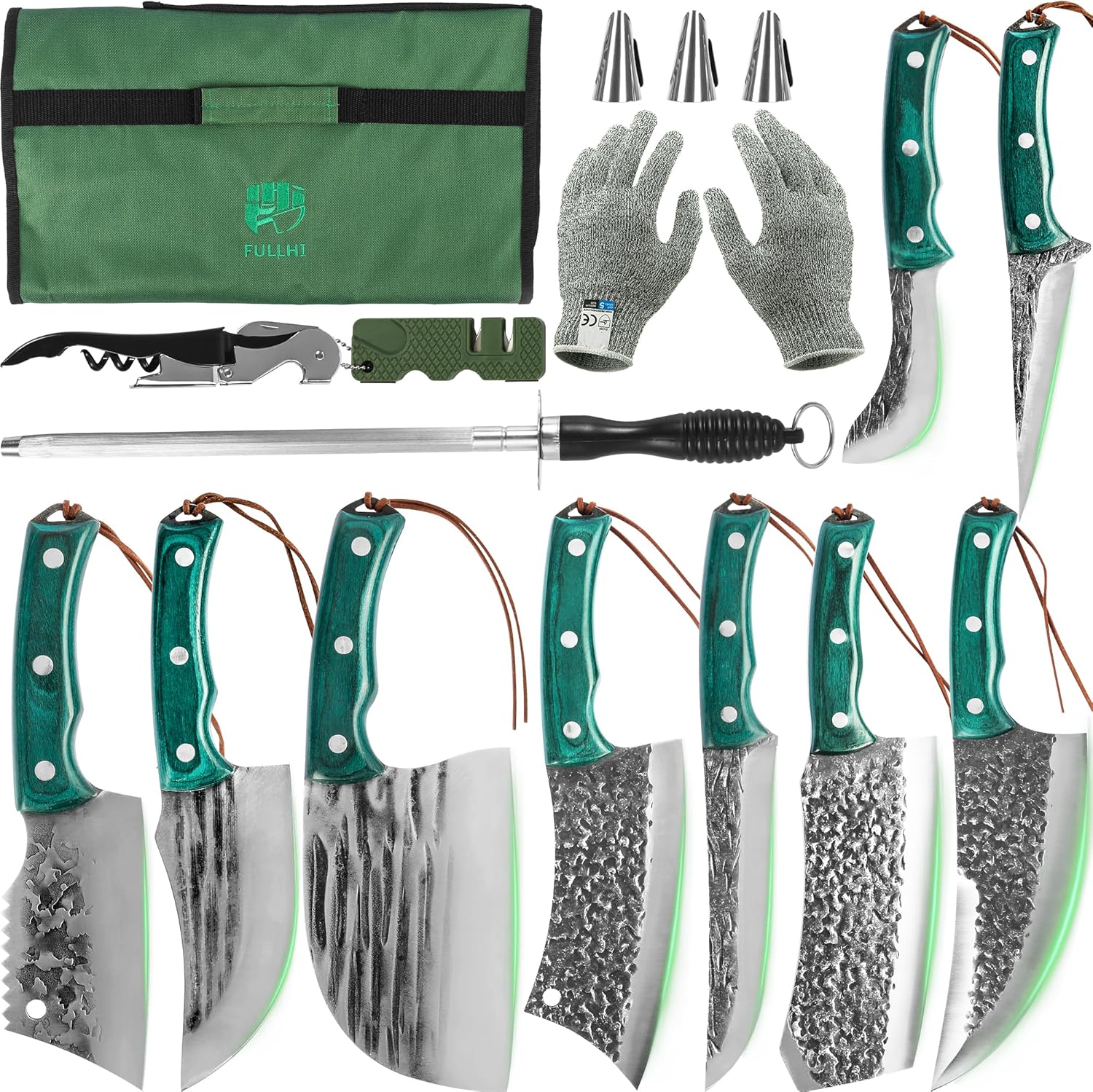 FULLHI Portable 15pcs Butcher knife set cleaver with knifebag woodhandle Hand Fo...