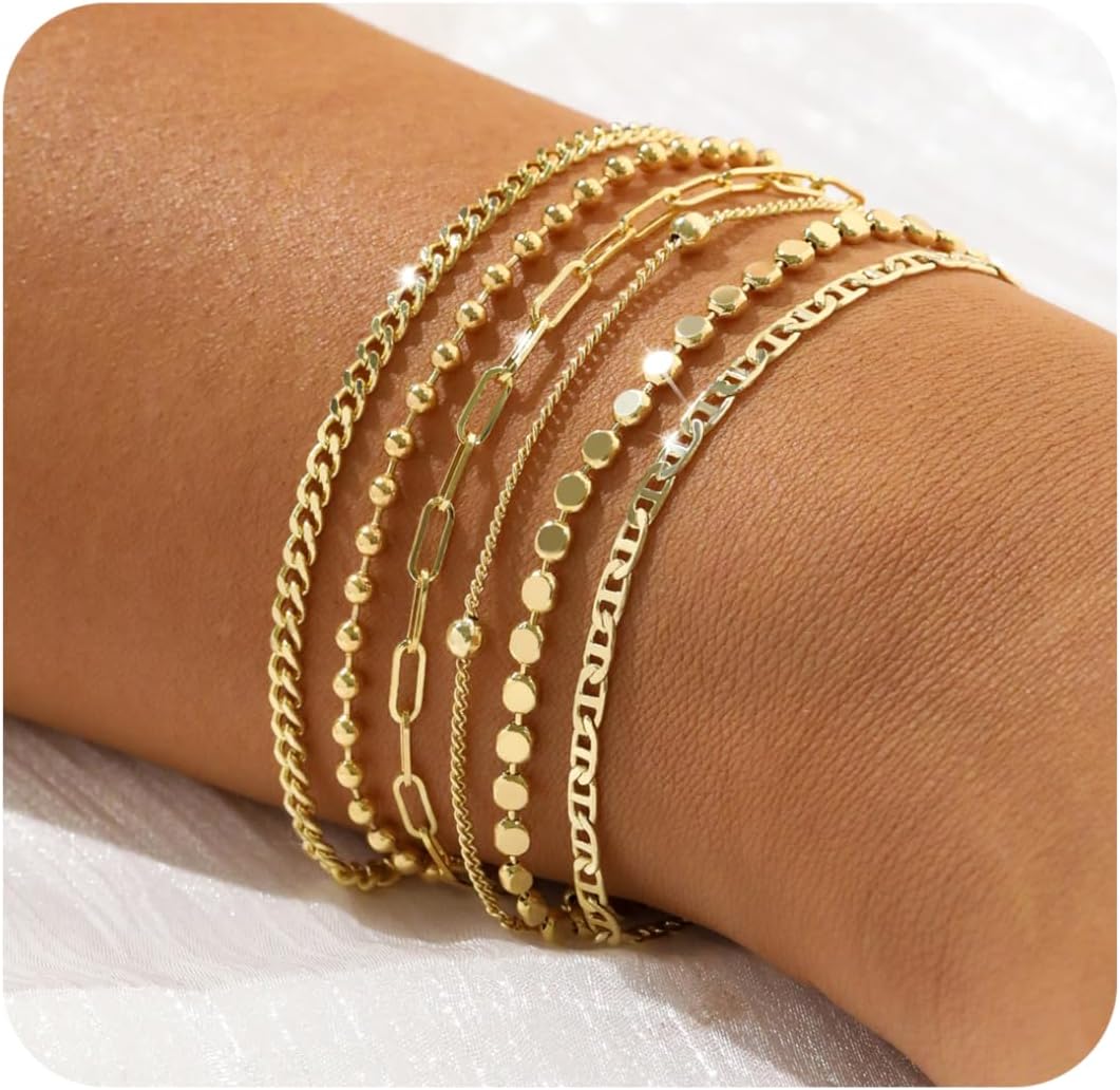 Dainty 14K Gold Bracelets for Women - Waterproof Stackable Gold Bracelet Set - P...