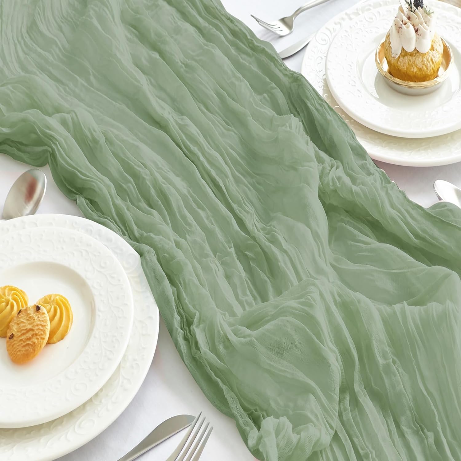 IVAPUPU 2 Pcs Cheesecloth Table Runner - 10ft Sage Green Boho Gauze Cheese Cloth...