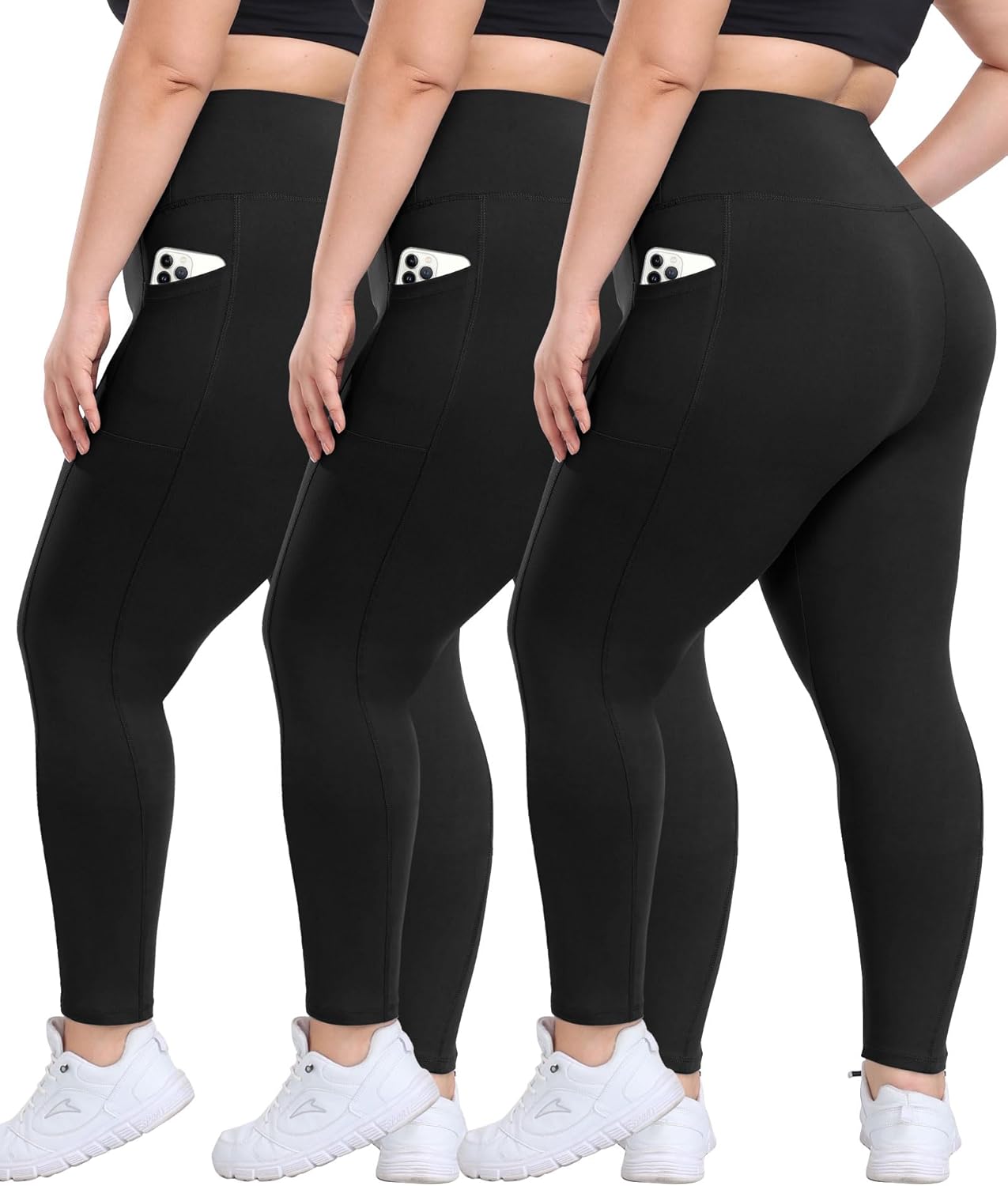 3 Pack Plus Size Leggings with Pockets for Women - High Waisted Tummy Control Sp...