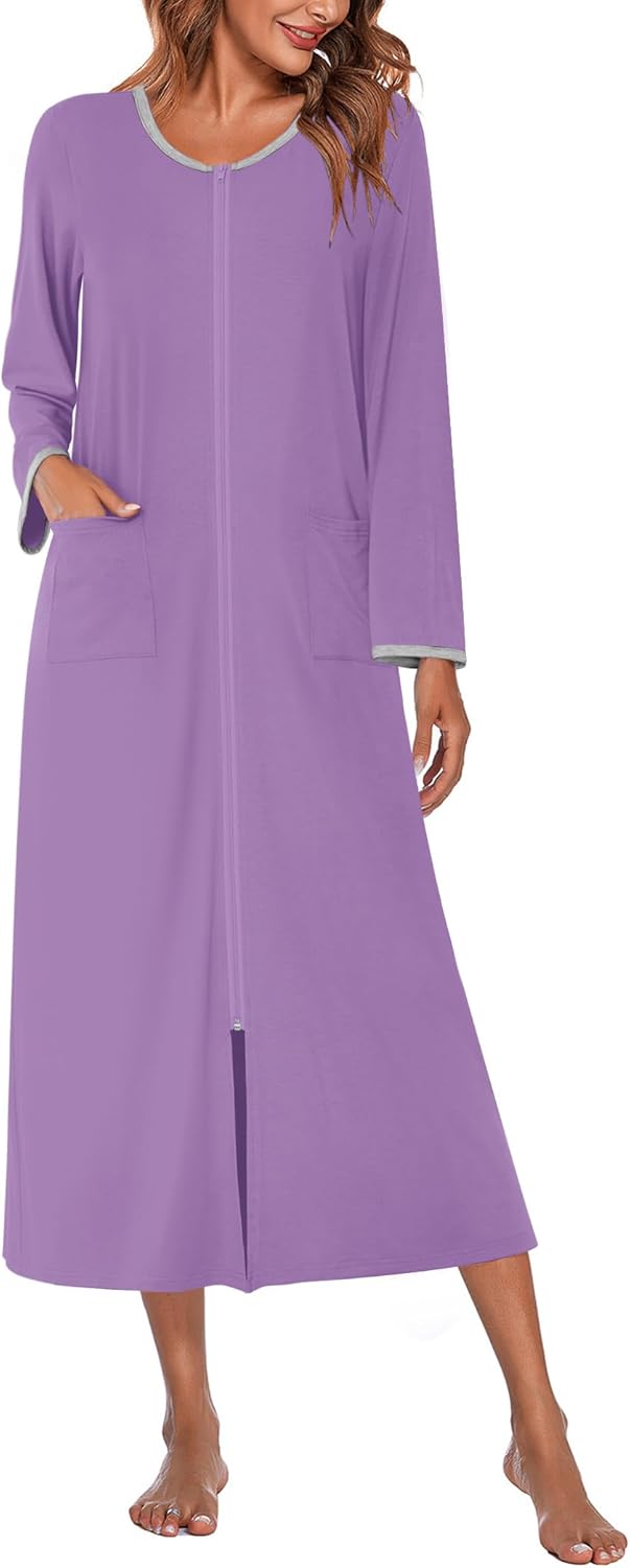 Ekouaer Women Long House Coat Zipper Front Robes Full Length Nightgowns with Poc...