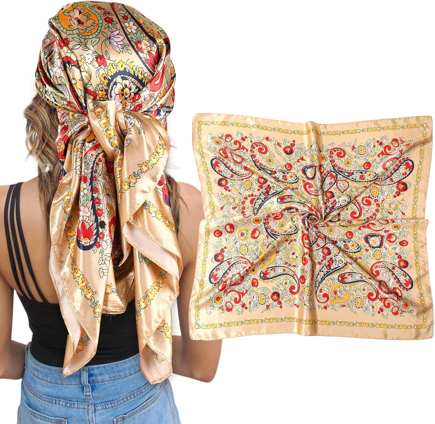 AWAYTR Satin Silk Scarf - Large Hair Bandana, Sleeping Wrap for Women Cashew(cha...