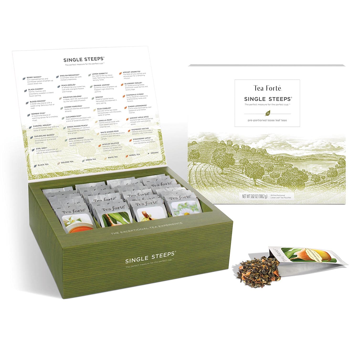 Tea Forte Single Steeps Loose Leaf Classic Premium Tea Sampler Tea Chest Box, 28...