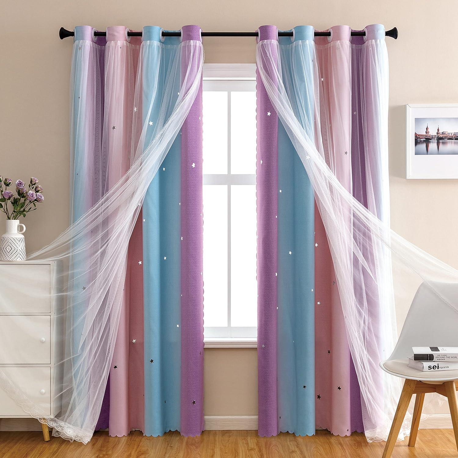 XiDi Rainbow Bedroom Curtains for Kids Room Decor, Blackout Curtains for Unicorn...