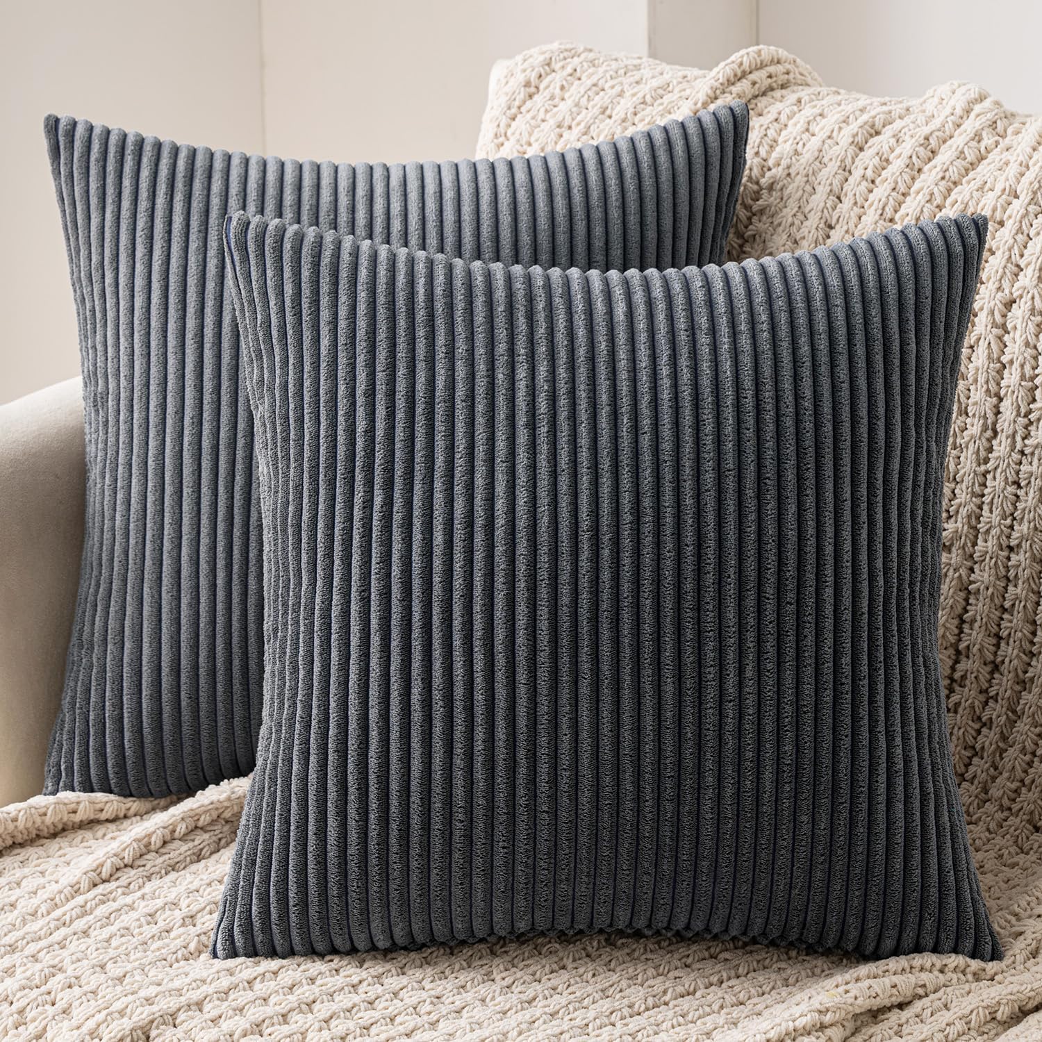 MIULEE Striped Corduroy Fabric Square Throw Pillow Case,Solid Cushion Cover Sham...
