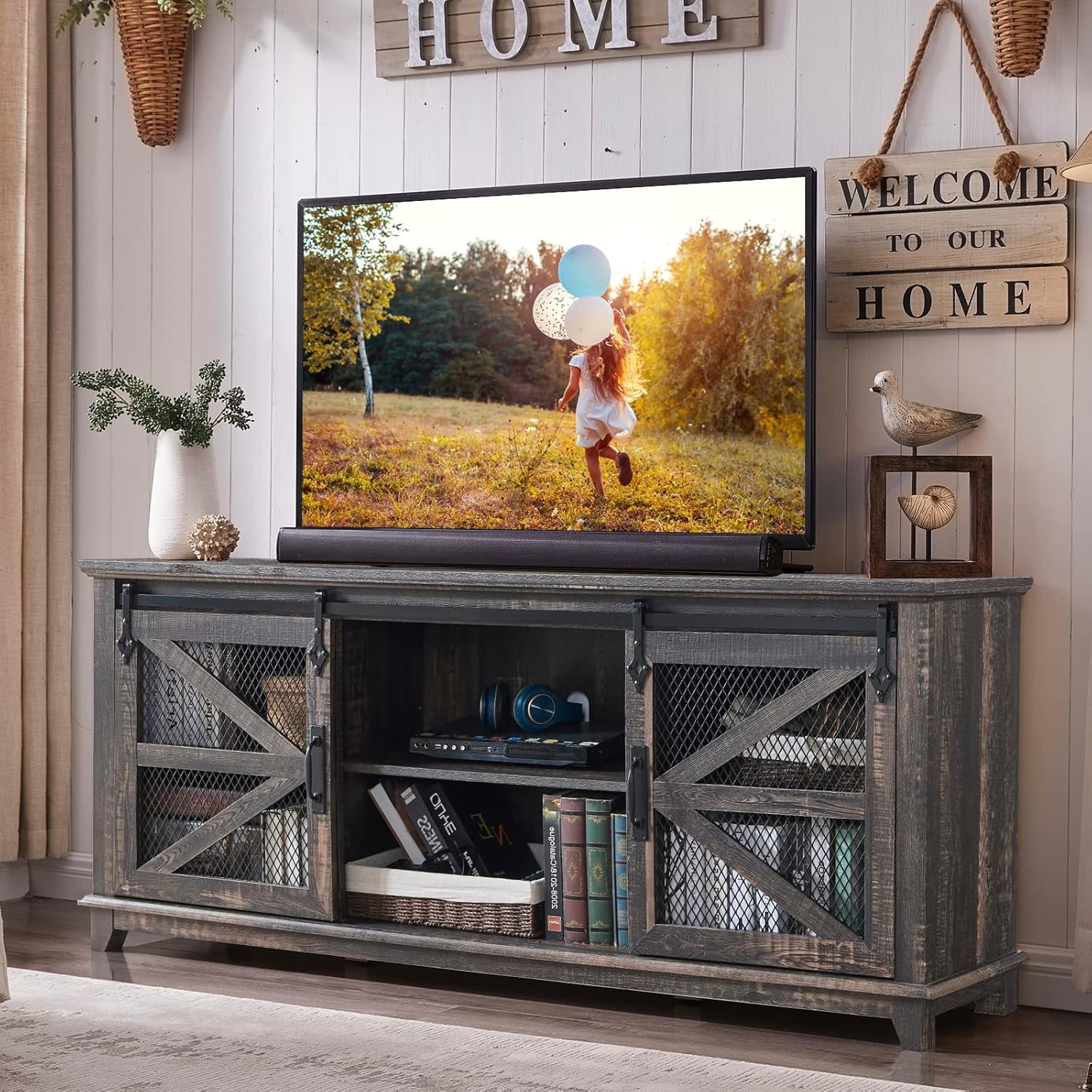 OKD Farmhouse TV Stand for 75 Inch TV, Industrial & Farmhouse Media Entertainmen...