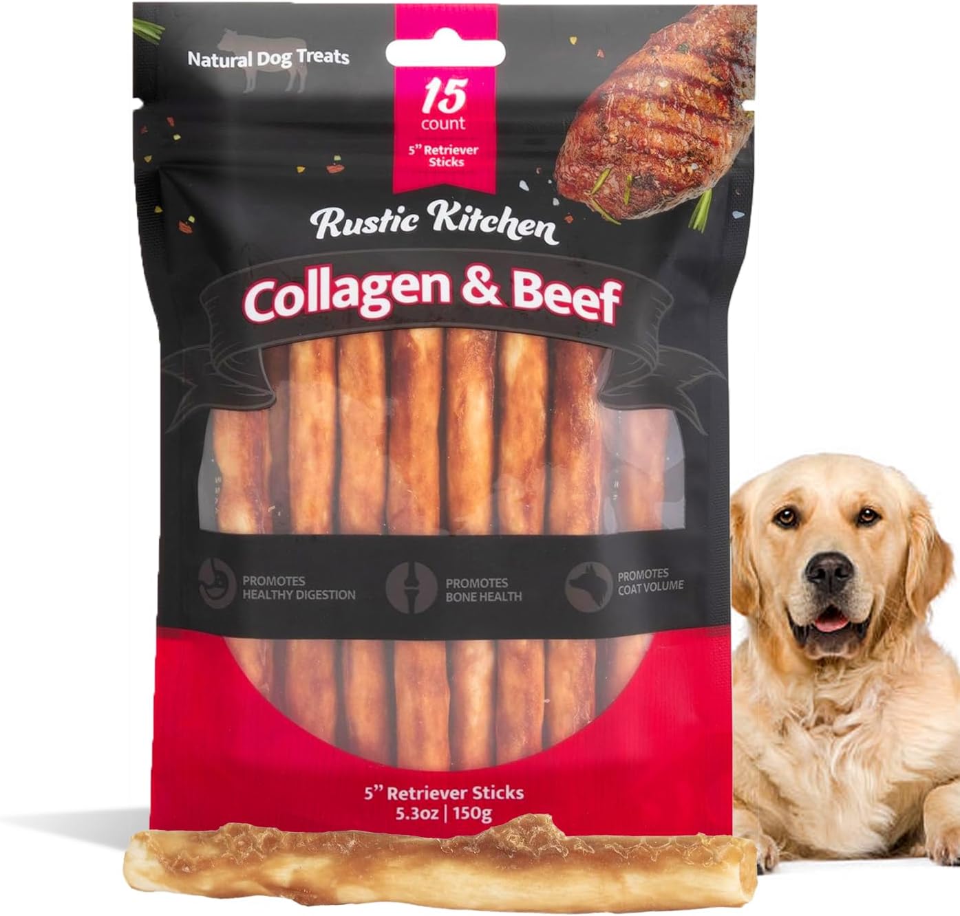 Real Beef Collagen Sticks for Dogs, Dog Chews Long Lasting, Rawhide Free - 15 Pa...
