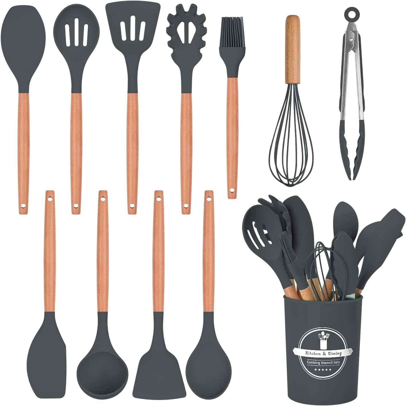 FIOUSY Kitchen Utensil Set, 12 PCS Silicone Cooking Utensils Set with Wooden Han...