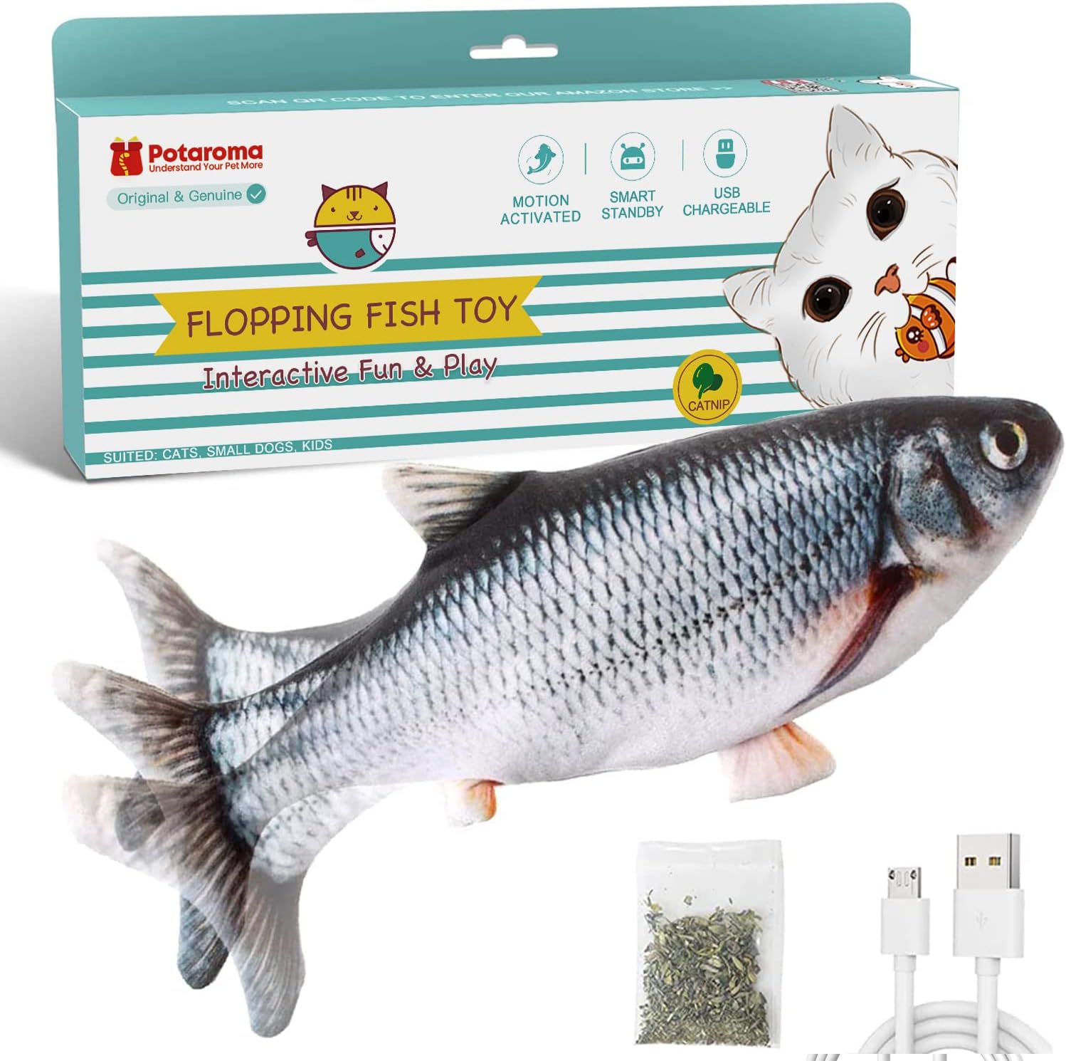 Potaroma Cat Toys Flopping Fish with SilverVine and Catnip, Moving Cat Kicker, F...