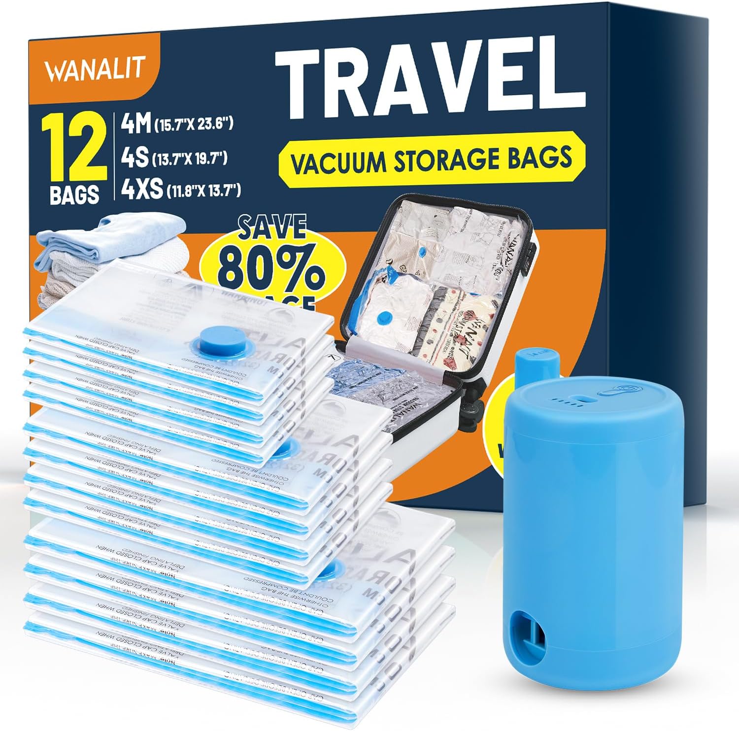 Vacuum Storage Bags for Travel, 12 Pack (4M+4S+4XS) Vacuum Seal Bags with Wirele...