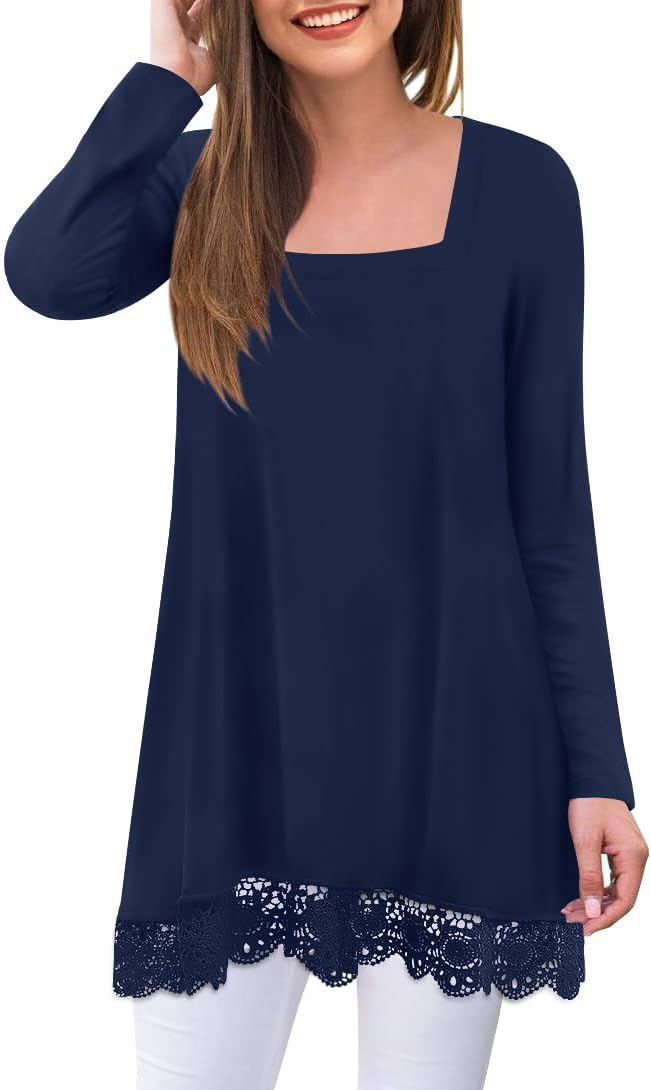 Bestbee Women's Fall Long Sleeve Tops Lace Hem Tunic Crew Neck Loose Fit Blouse...