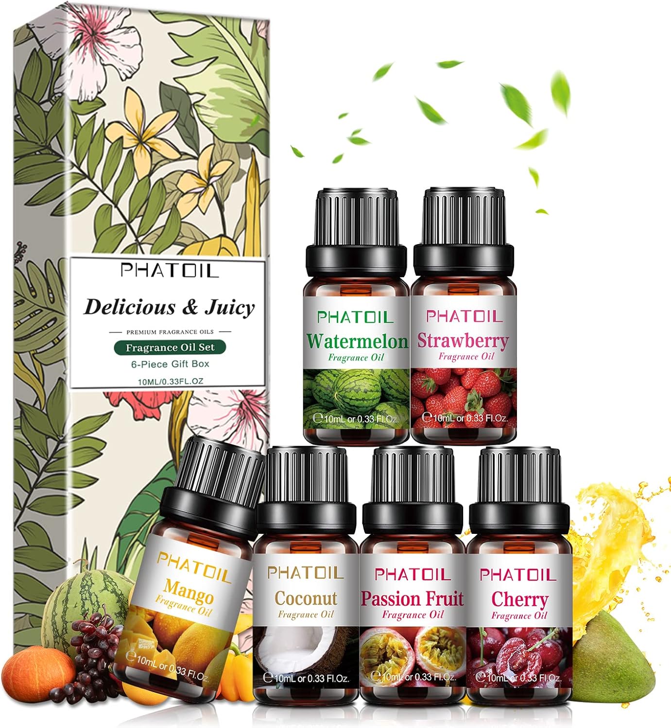 PHATOIL Top 6 Fruity Fragrance Essential Oils Set, 6 x 10ml Fragrance Oils Gift...