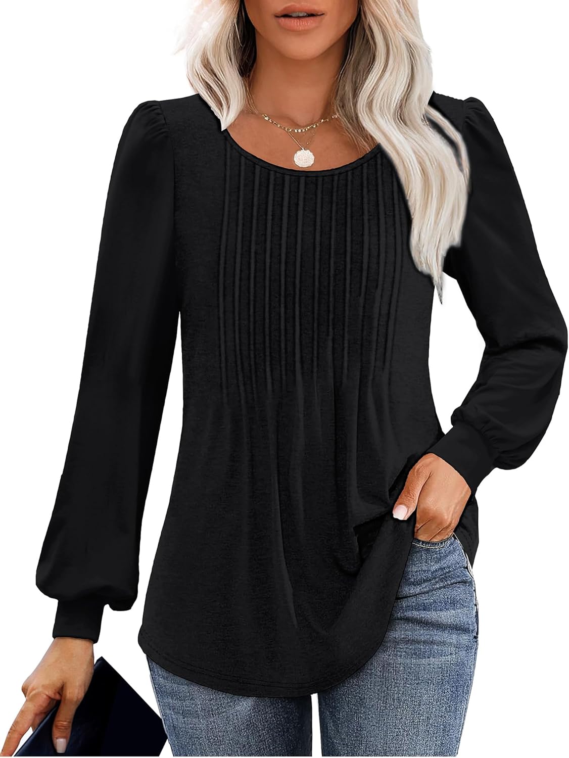 Long Sleeve Shirts For Women Fall Fashion 2024 Womens Tunic Tops Pleated Crew Ne...