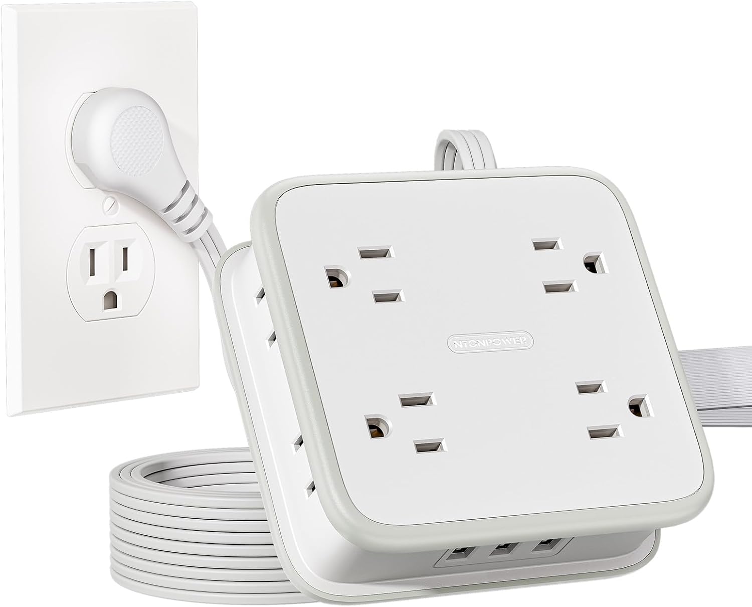10FT Extension Cord, Flat Extension Cord with 8 Widely Outlets 3 USB Ports, Flat...