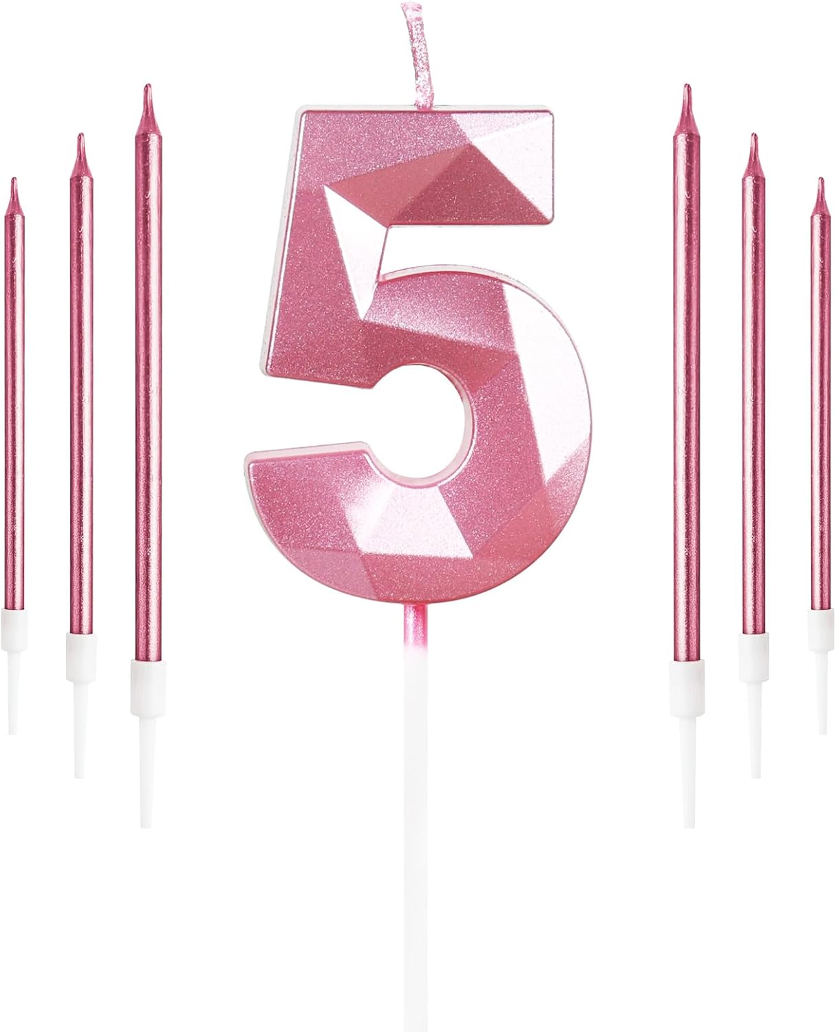 Girls Pink 5th Birthday Candles Set, Number 5 Candle with Girls Pink Long Candle...