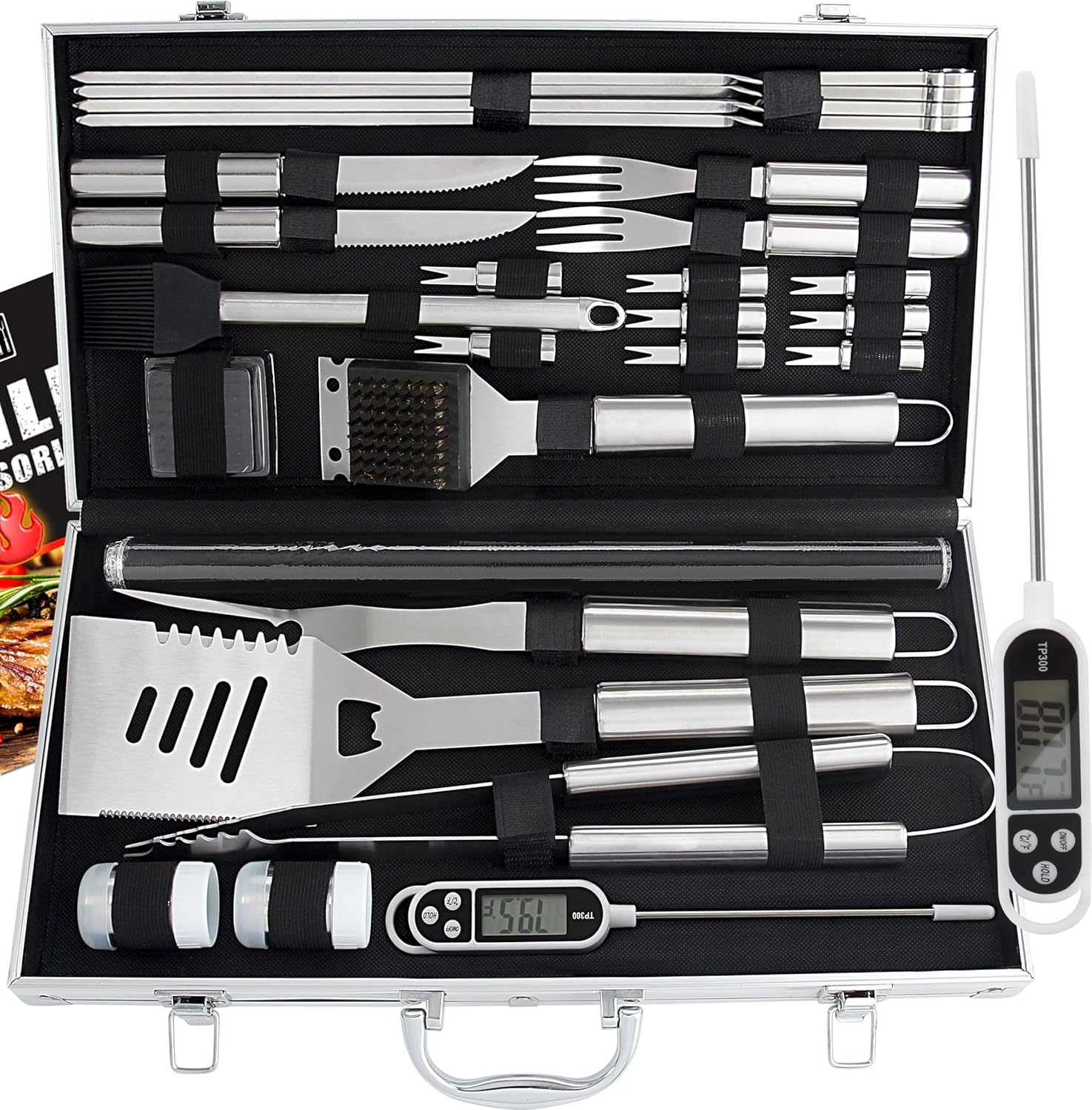 ROMANTICIST 28pc BBQ Accessories Set with Thermometer - The Very Best Grill Gift...