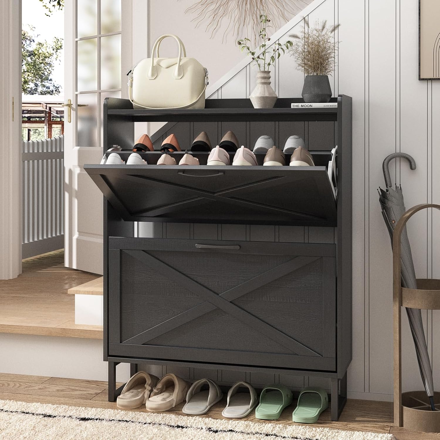 Maupvit Shoe Storage Cabinet with 2 Flip Drawers, Freestanding Organizer with Me...