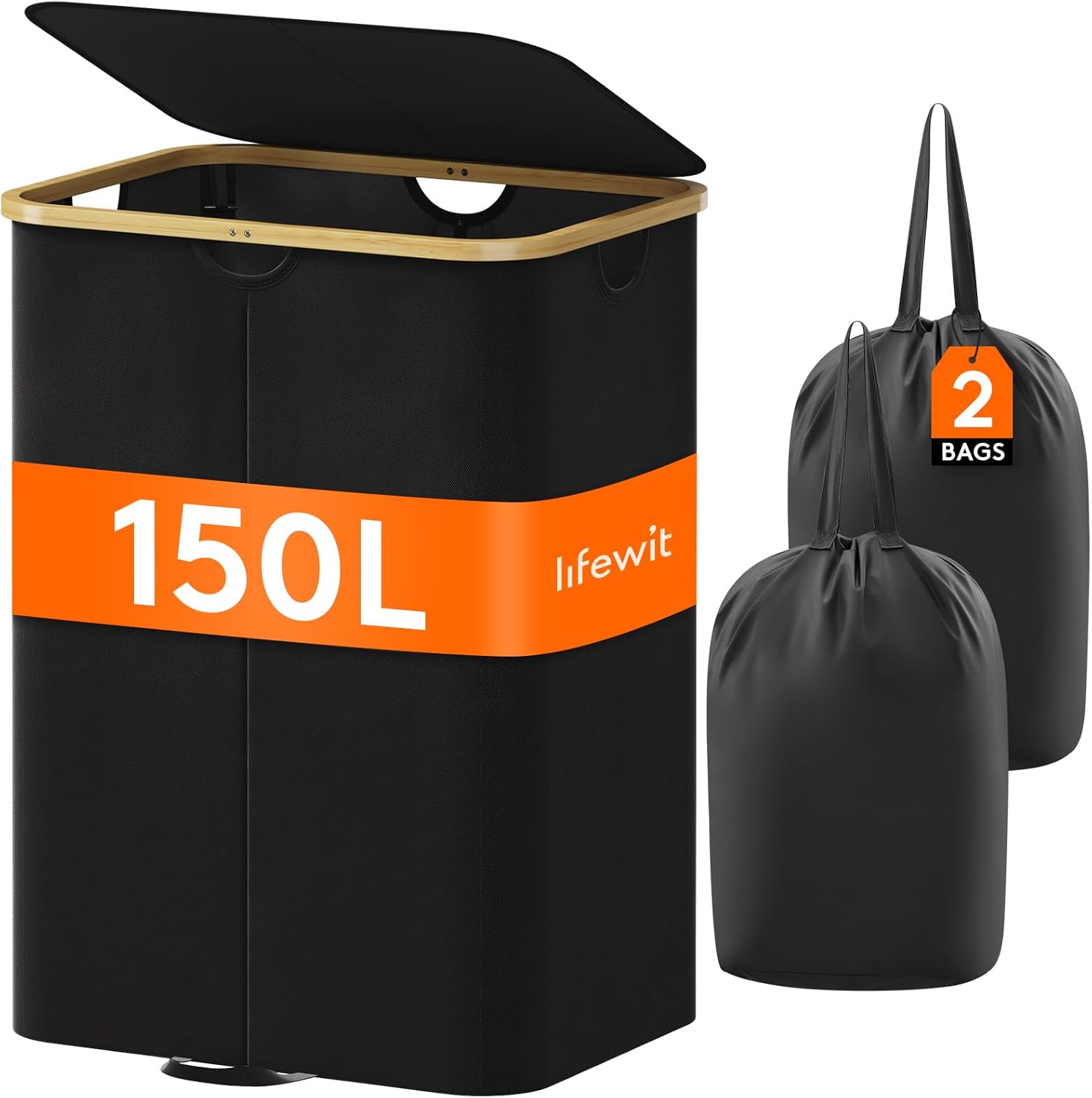 Lifewit 150L Double Laundry Hamper with Lid, Large Laundry Basket with Bamboo Ha...