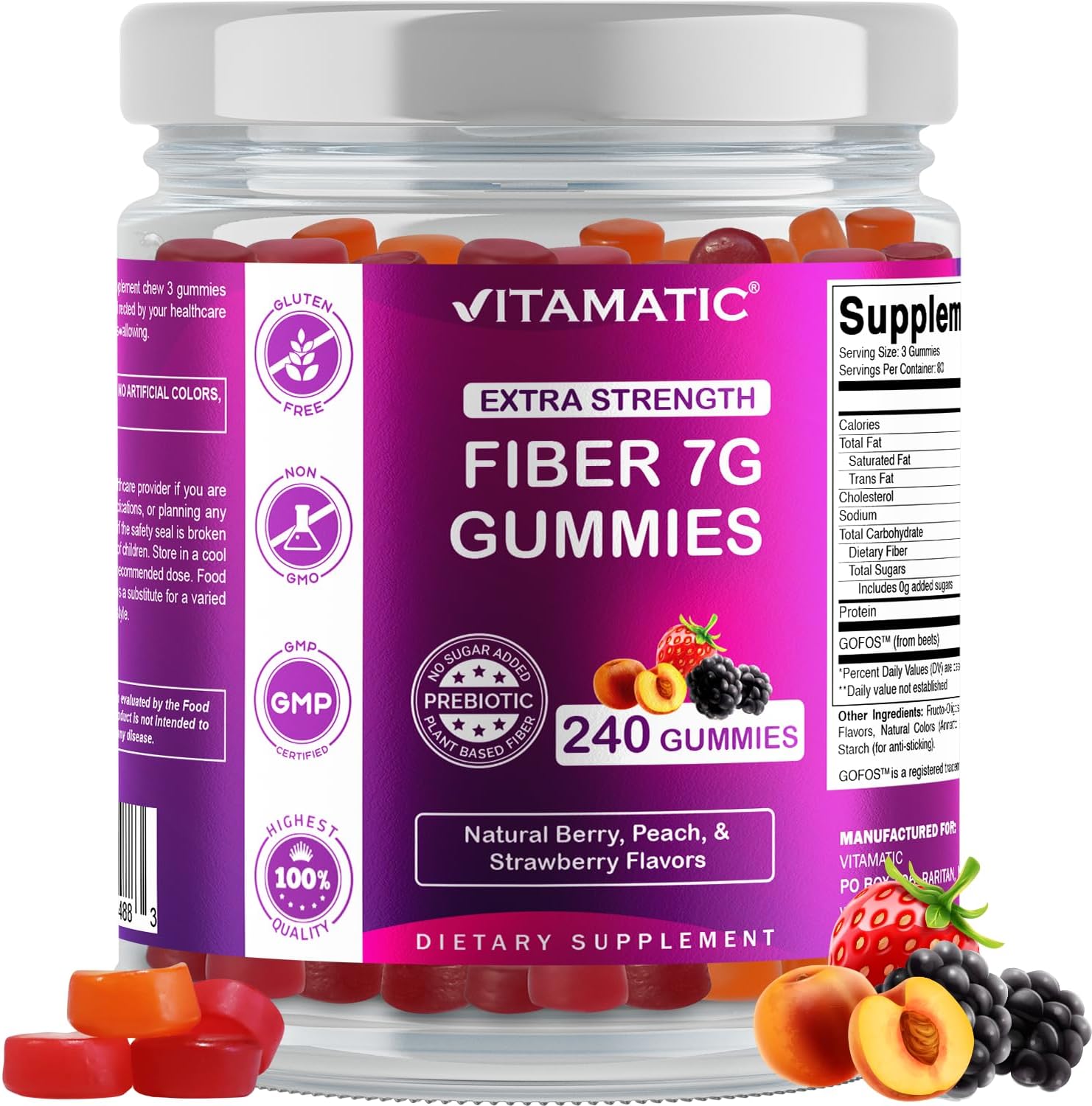 Vitamatic Prebiotic Fiber Gummies for Adults, 7G Extra Strength, Zero Sugar Adde...