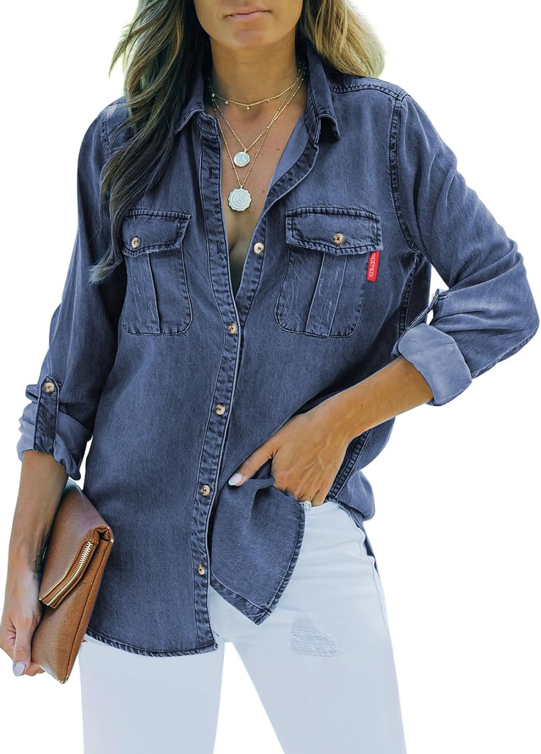 Sidefeel Women's Denim Tops Long Sleeve Shacket Jackets Button Down Collared Jea...
