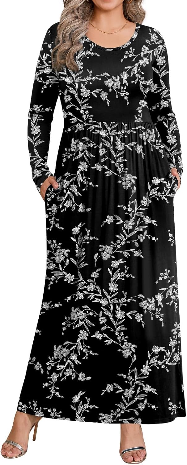 BISHUIGE Womens XL-6XL Long Sleeve Casual Plus Size Maxi Dresses with Pockets XX...