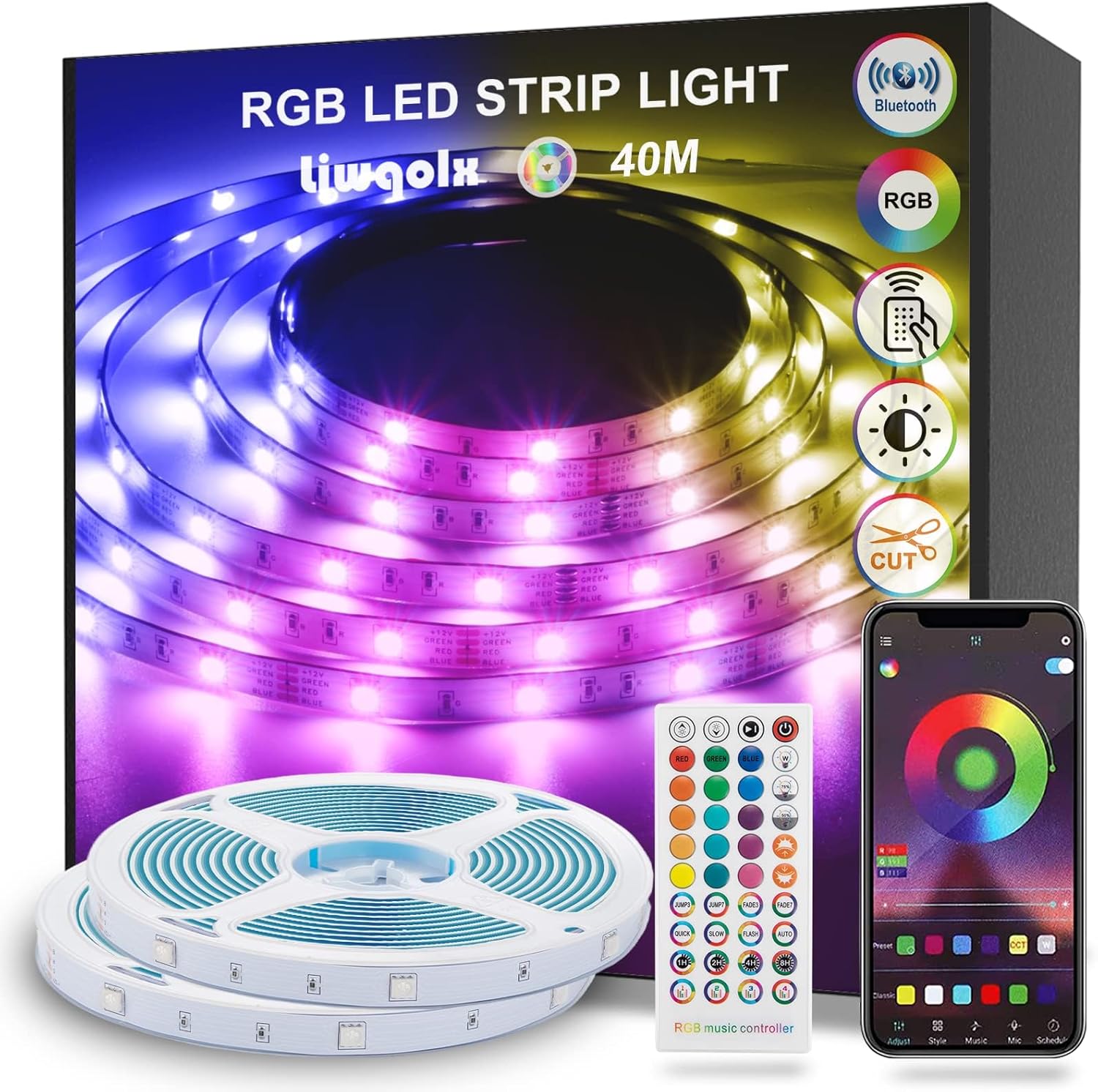 LED Strip Lights 40m, RGB Bluetooth Ultra-Long LED Light with Remote, Music Sync...