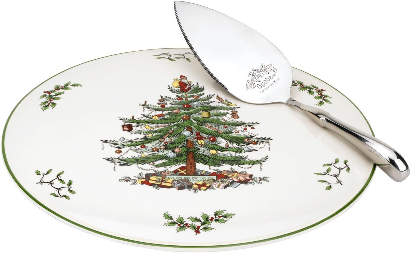 Portmeirion Spode Christmas Tree Cake Plate & Server Set - 11.5 Inch Fine Porcel...