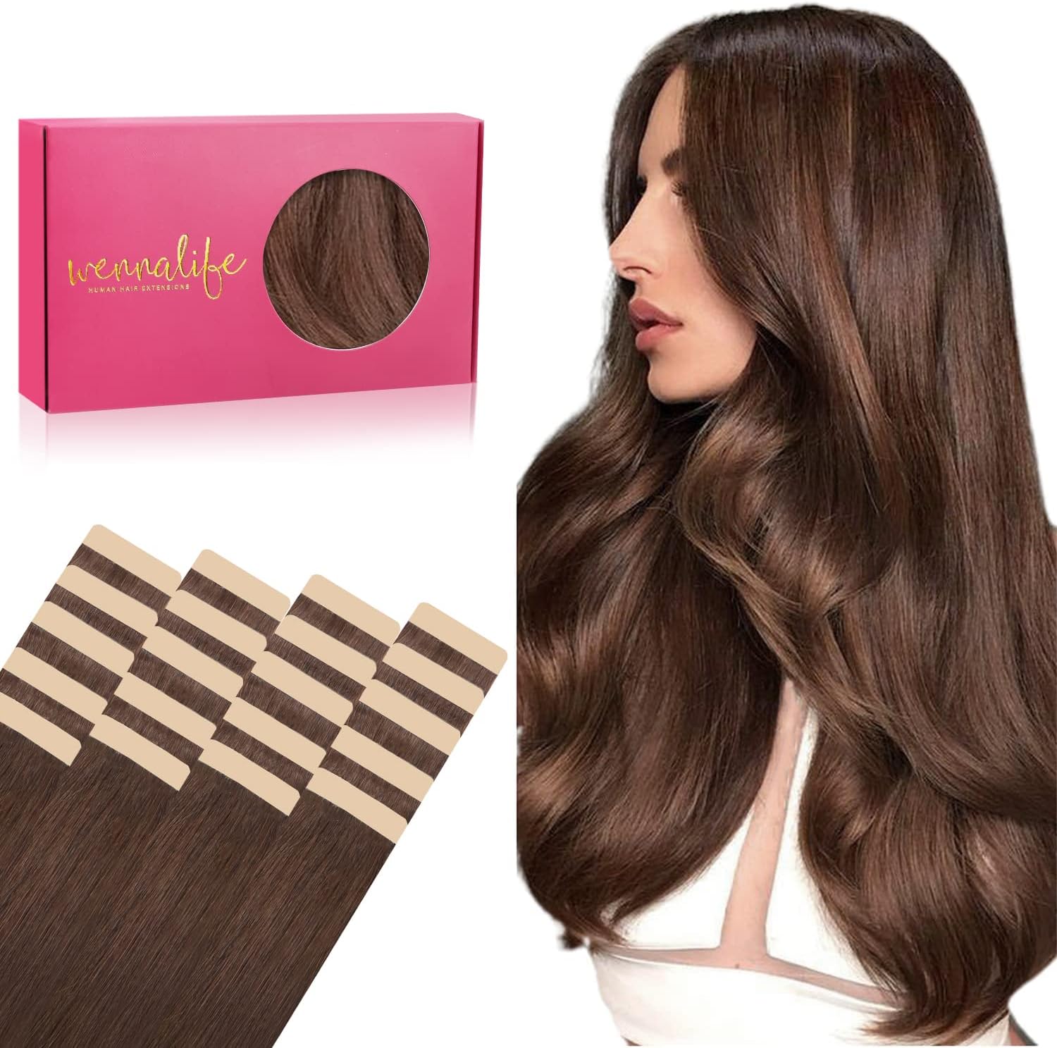 WENNALIFE Tape in Hair Extensions Human Hair, 20pcs 18 inch 50g Chocolate Brown...