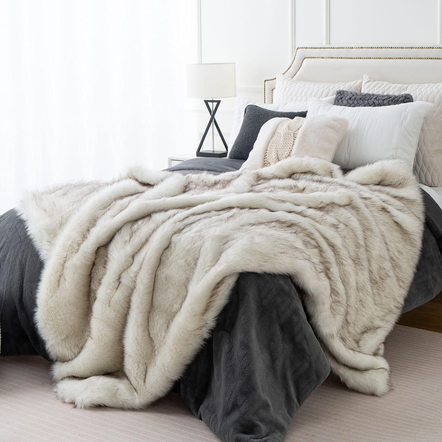 BATTILO HOME Luxury Ivory White Faux Fur Throw Blanket for Bed, Extra Large Supe...