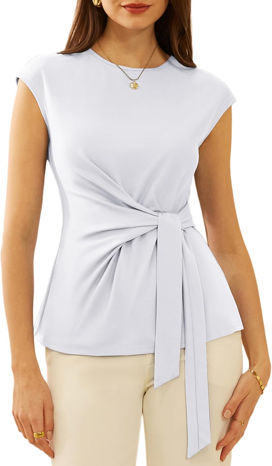 GRACE KARIN Womens Cap Sleeve Tops 2025 Summer Tie Waist Crew Neck Elegant Blous...