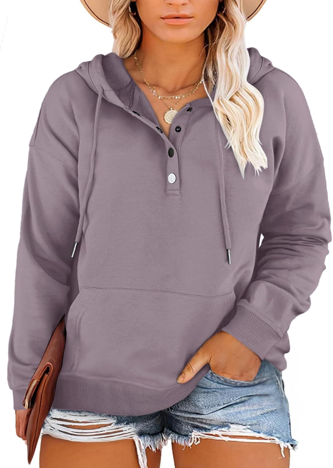 Eytino Womens Plus Size Hooded Tops Button Collar Long Sleeve Drawstring Hoodies...