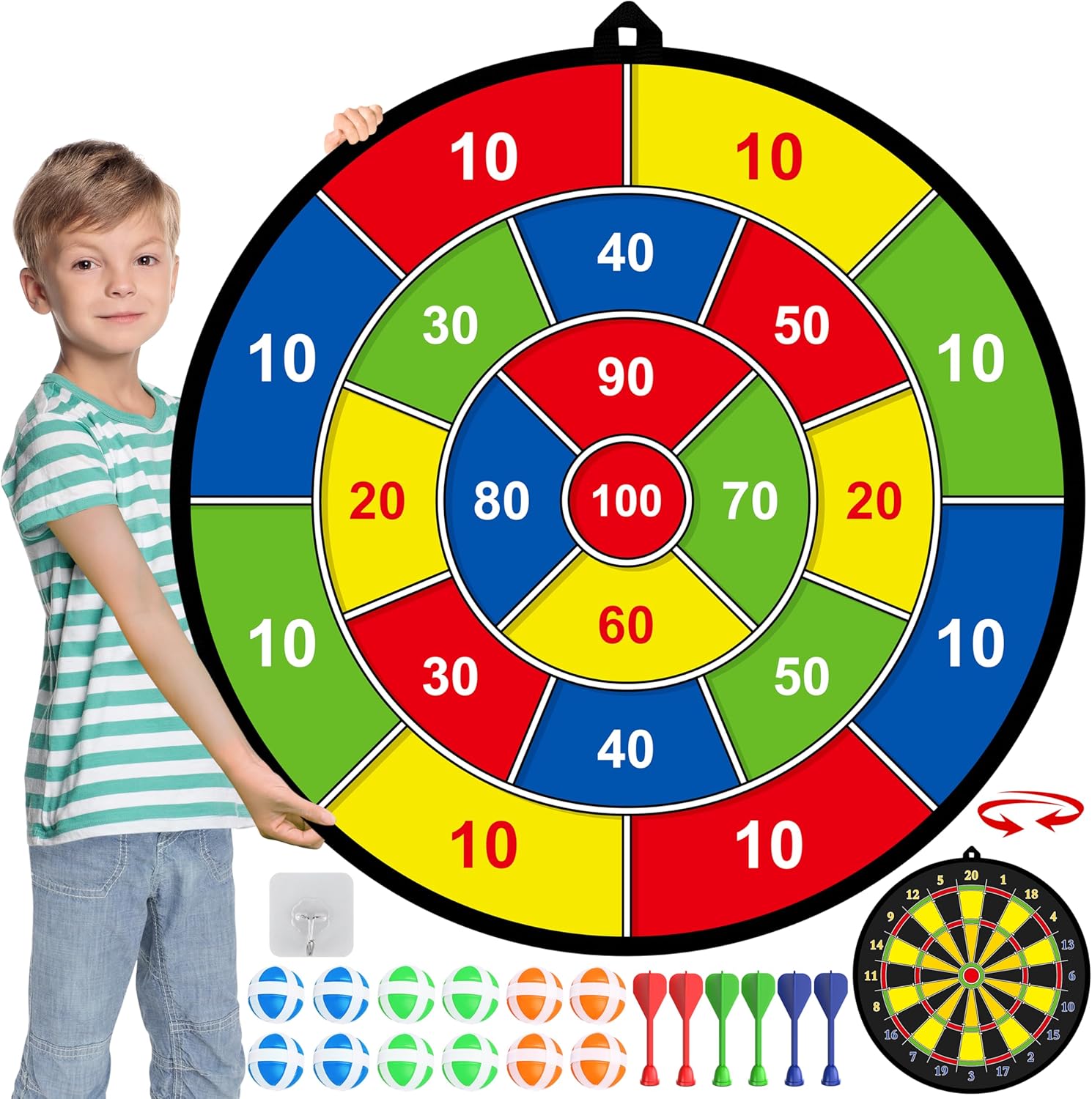 Large Dart Board for Kids, Kids Double-Sided Dart Board with Sticky Balls and Da...