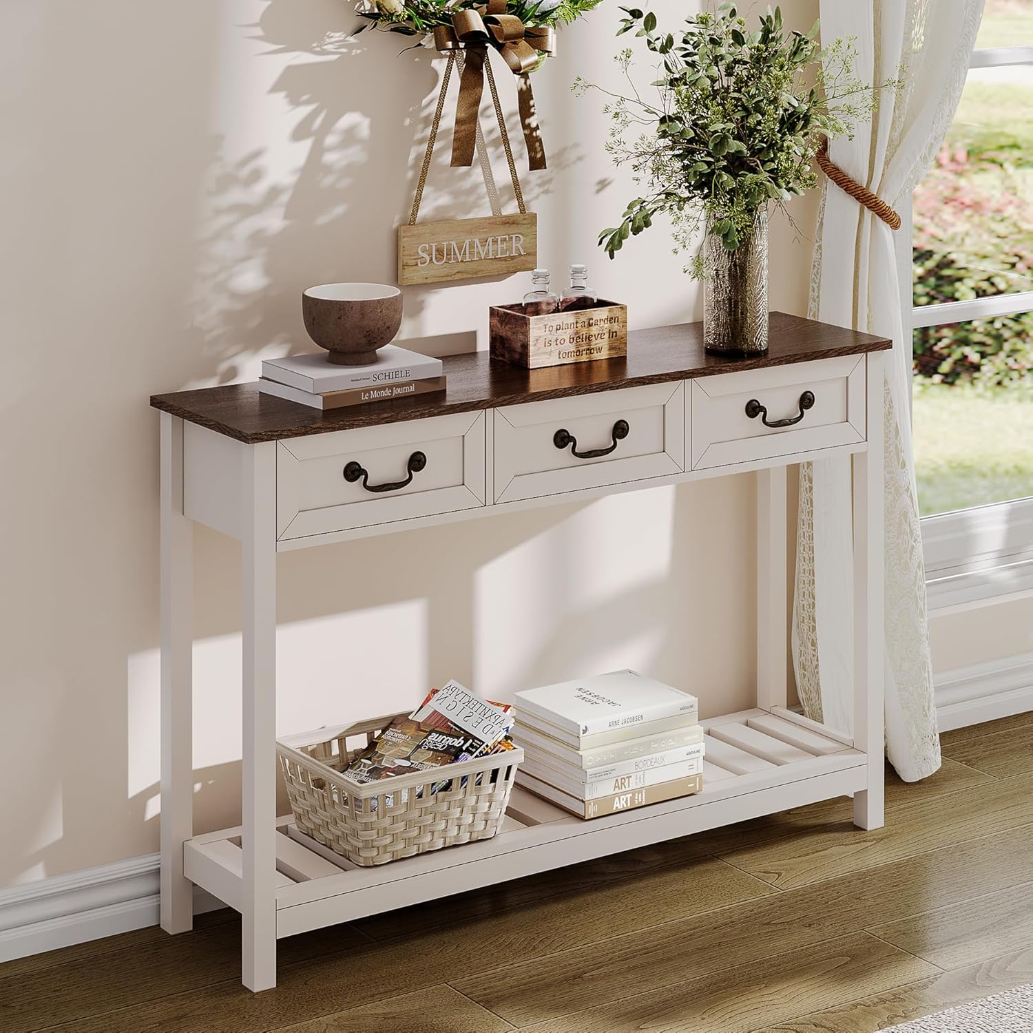 ChooChoo 47" Farmhouse Console Table with 3 Drawers, Rustic Entryway Table, Narr...