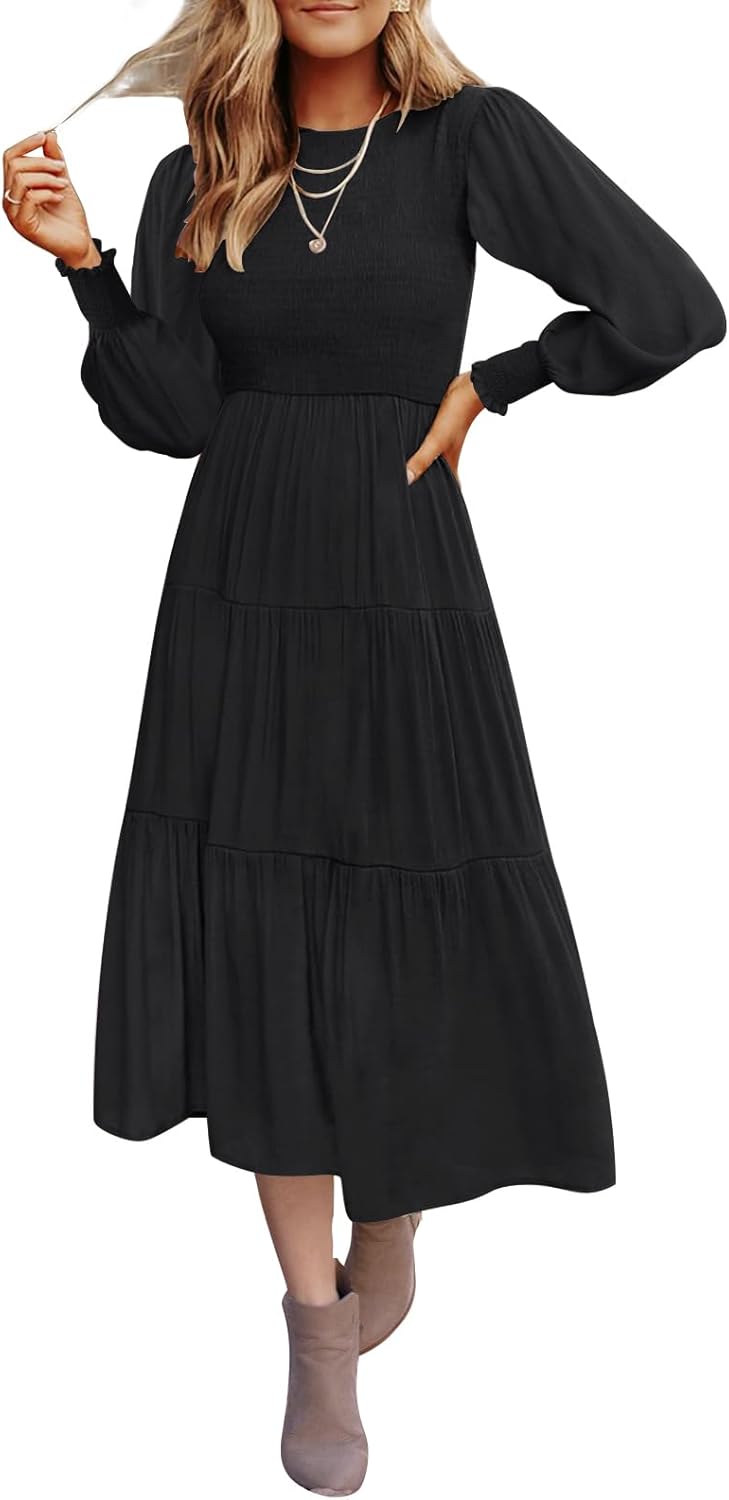 ZESICA Women's Casual Long Sleeve Crew Neck High Waist Smocked Flowy Tiered Midi...