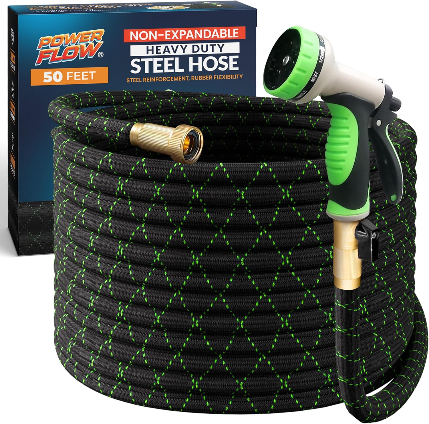 PowerFlow Garden Hose, NON-EXPANDABLE 50 Feet Premium Quality Stainless Steel Me...