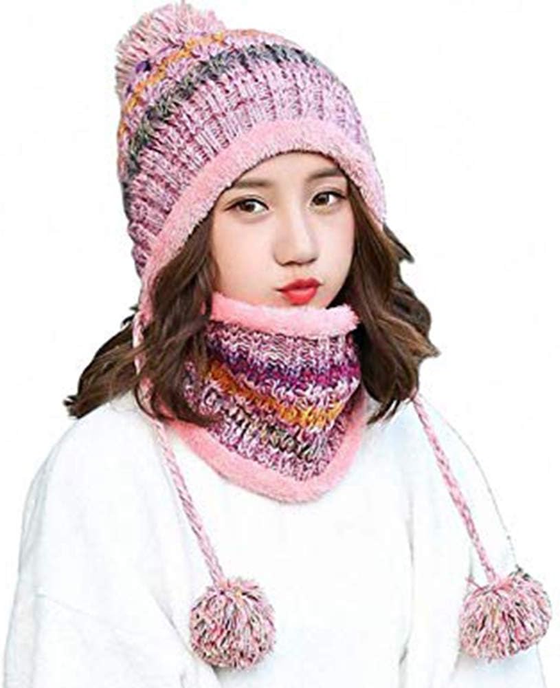 Women Knitted Hat Scarf Set Winter Warm Thicken Crochet Bobble Pom Pom Beanie Ha...
