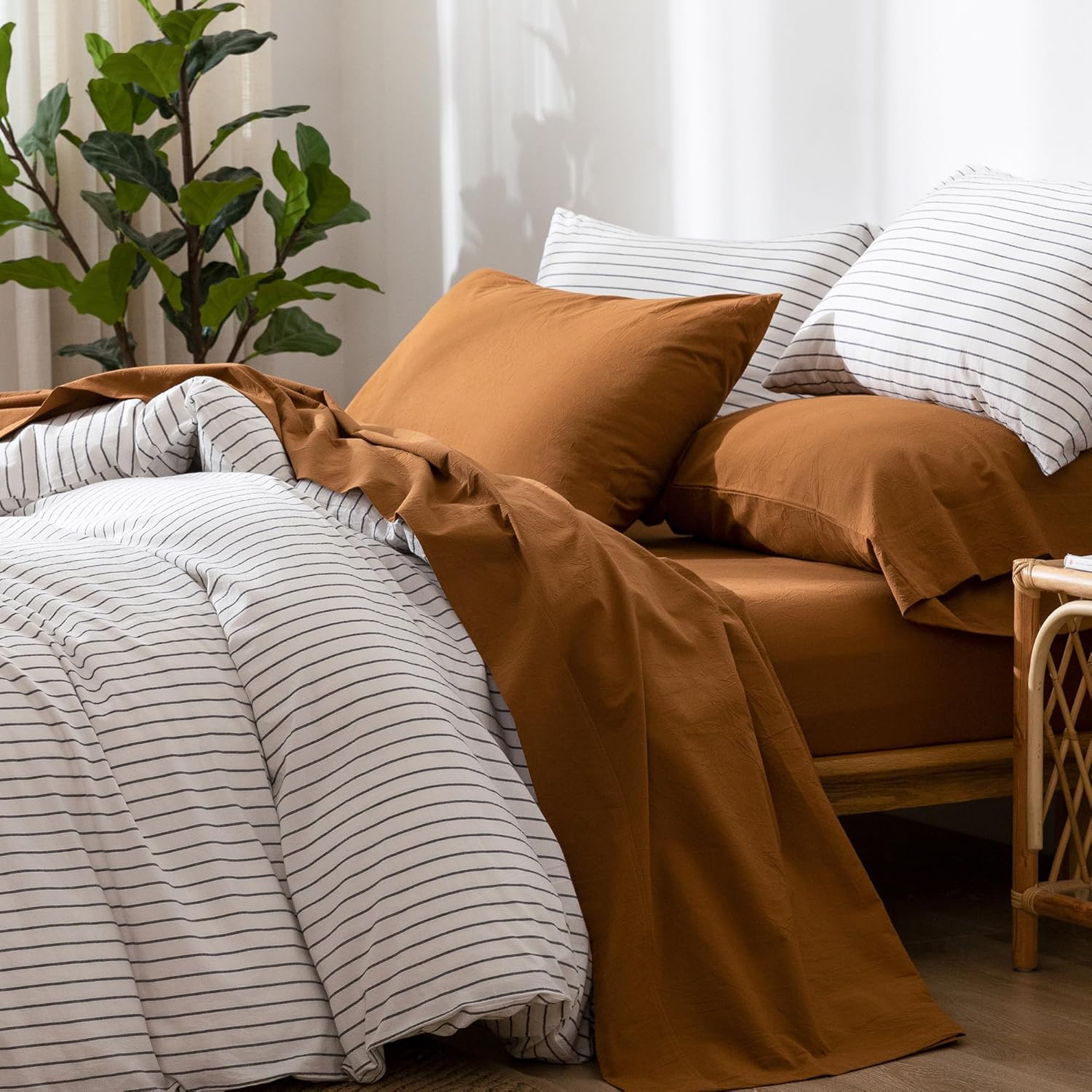 MooMee Bedding Sheet Set 100% Washed Cotton Linen Like Textured Breathable Durab...